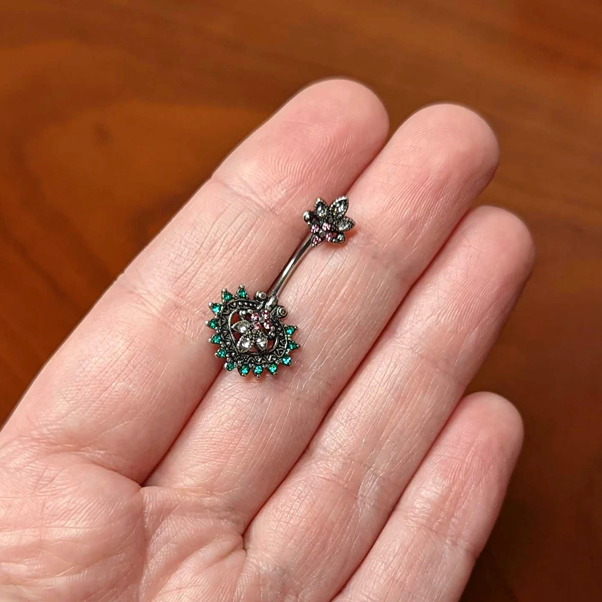 Clear Green Pink Gem Abstract Opulence Double Mount Belly Ring - Image 3