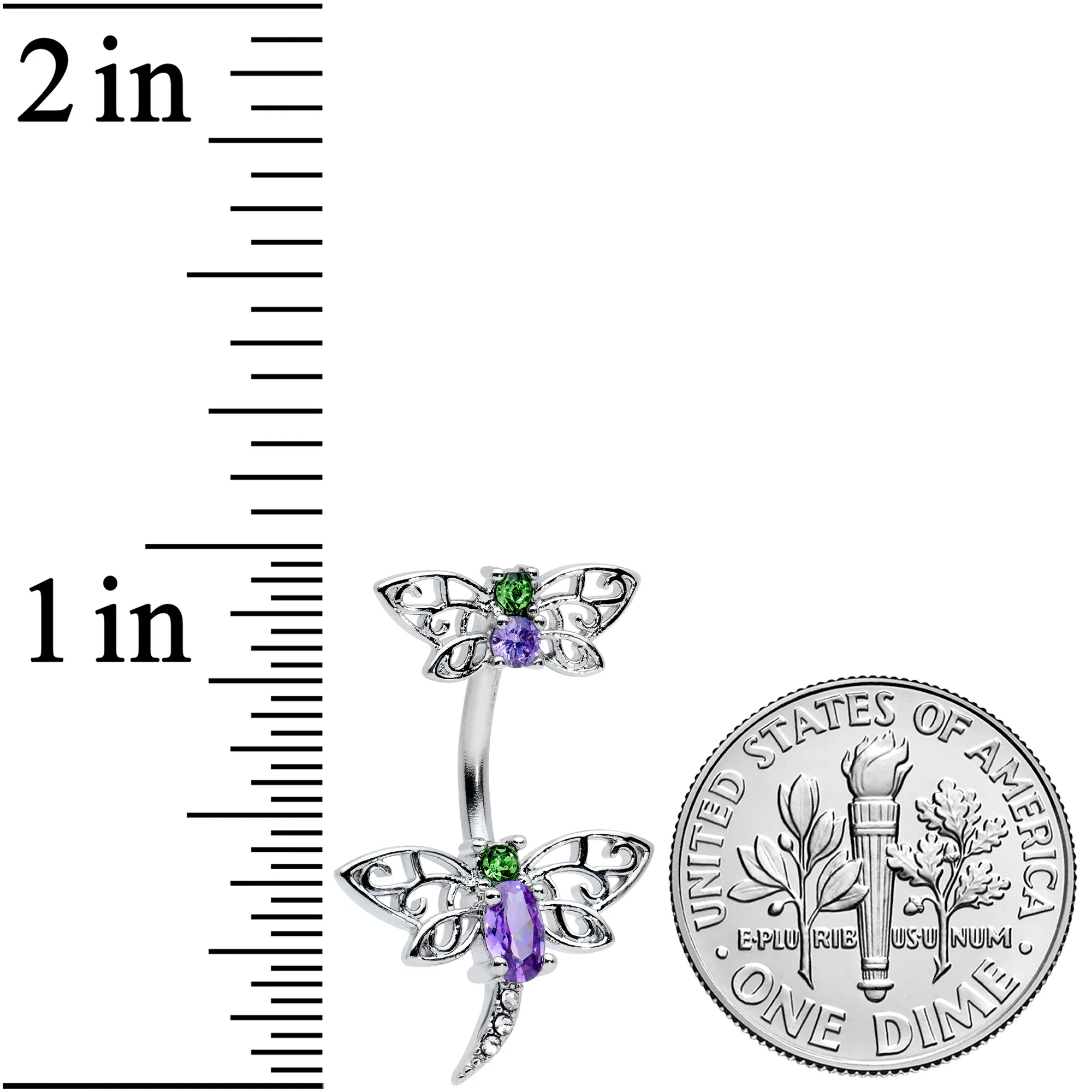 Clear Green Purple Gem Butterfly Dragonfly Double Mount Belly Ring - Image 2