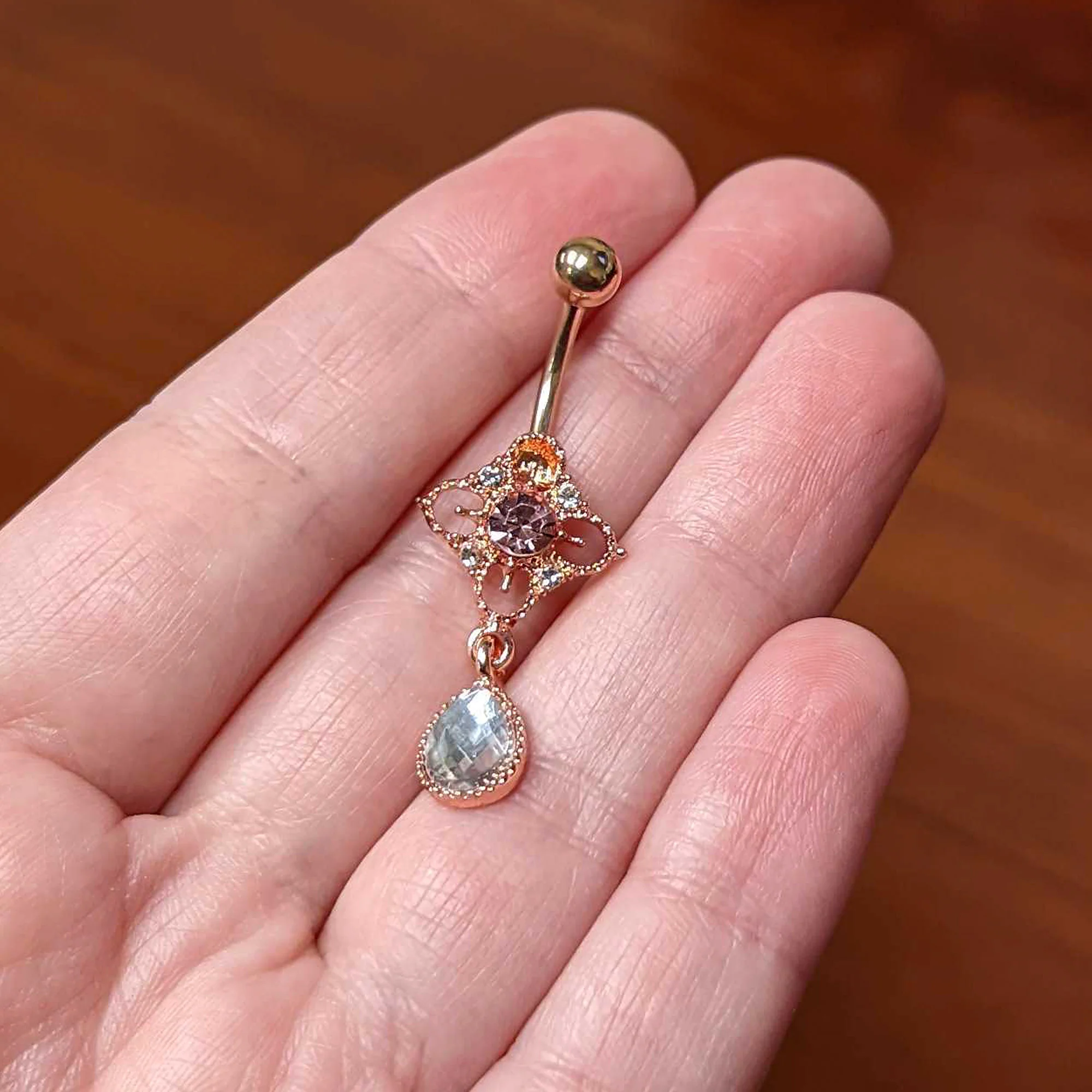 Clear Grey Purple Gem Rose Gold Tone Rhombus Dangle Belly Ring - Image 3