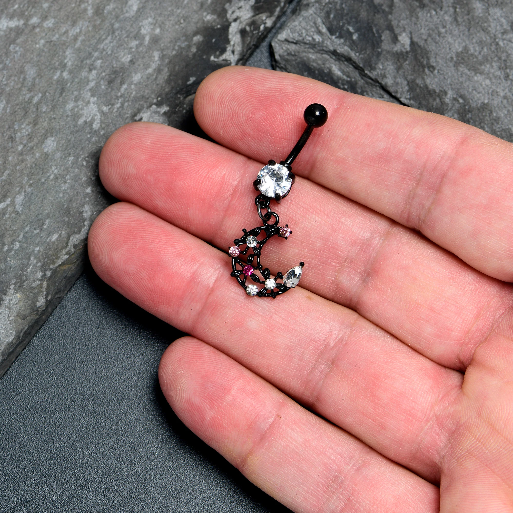 Clear Pink CZ Gem Black Flower Moon Dangle Belly Ring - Image 2