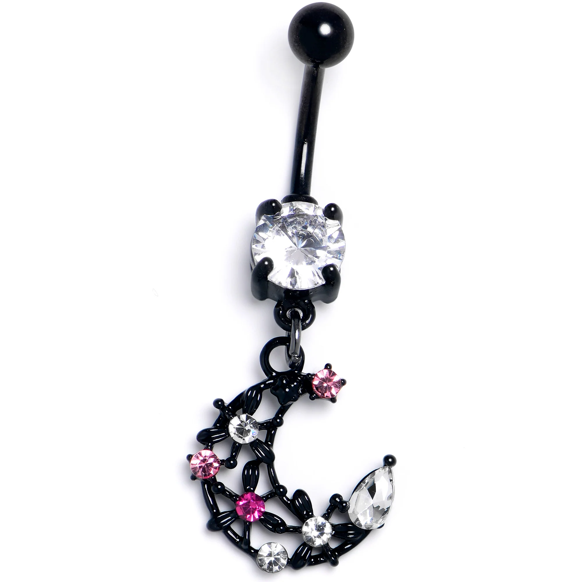 Clear Pink CZ Gem Black Flower Moon Dangle Belly Ring - Image 3