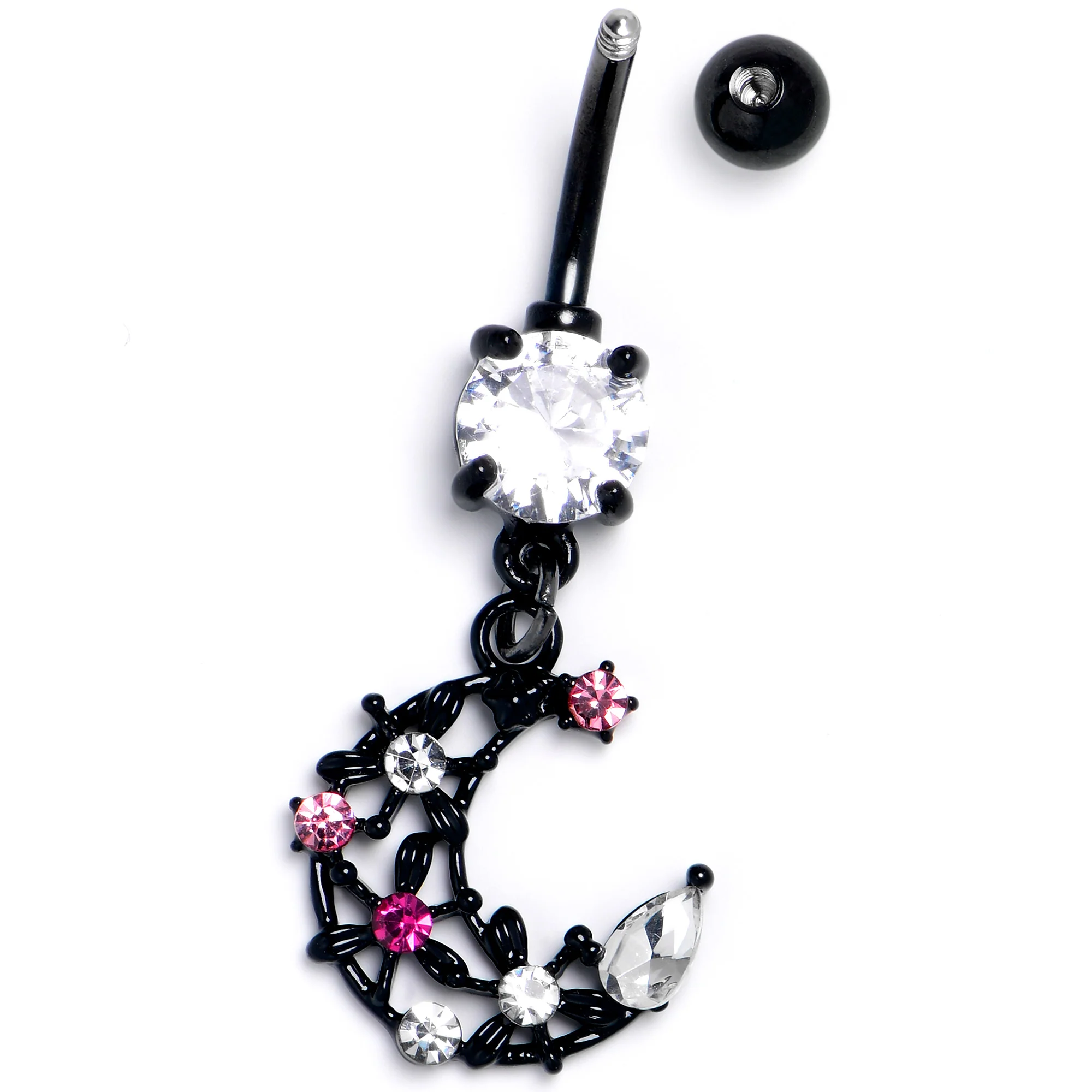 Clear Pink CZ Gem Black Flower Moon Dangle Belly Ring - Image 4