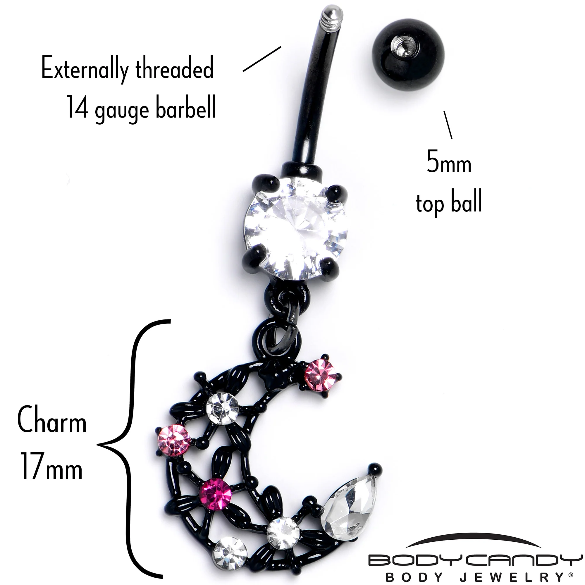 Clear Pink CZ Gem Black Flower Moon Dangle Belly Ring - Image 5