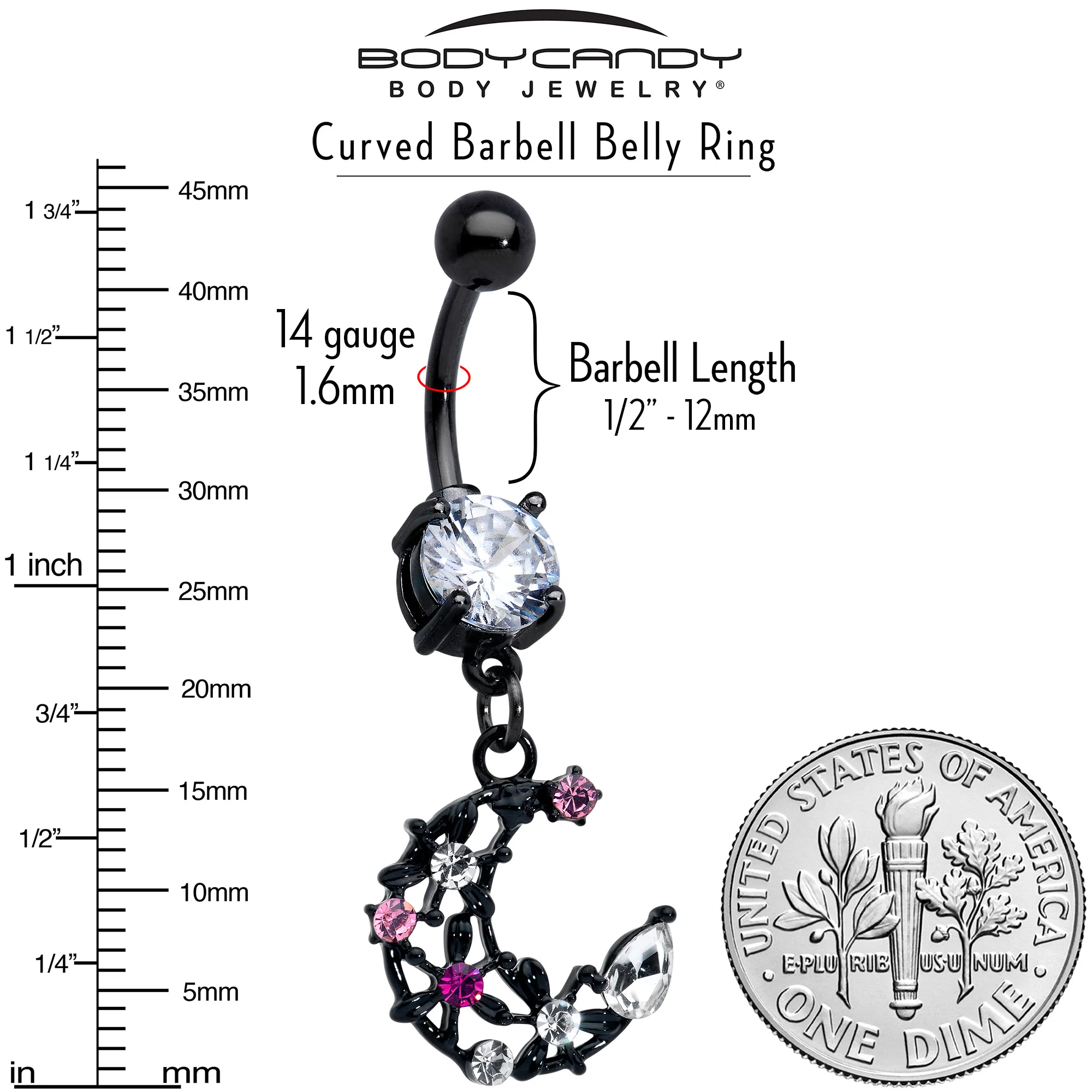 Clear Pink CZ Gem Black Flower Moon Dangle Belly Ring - Image 6