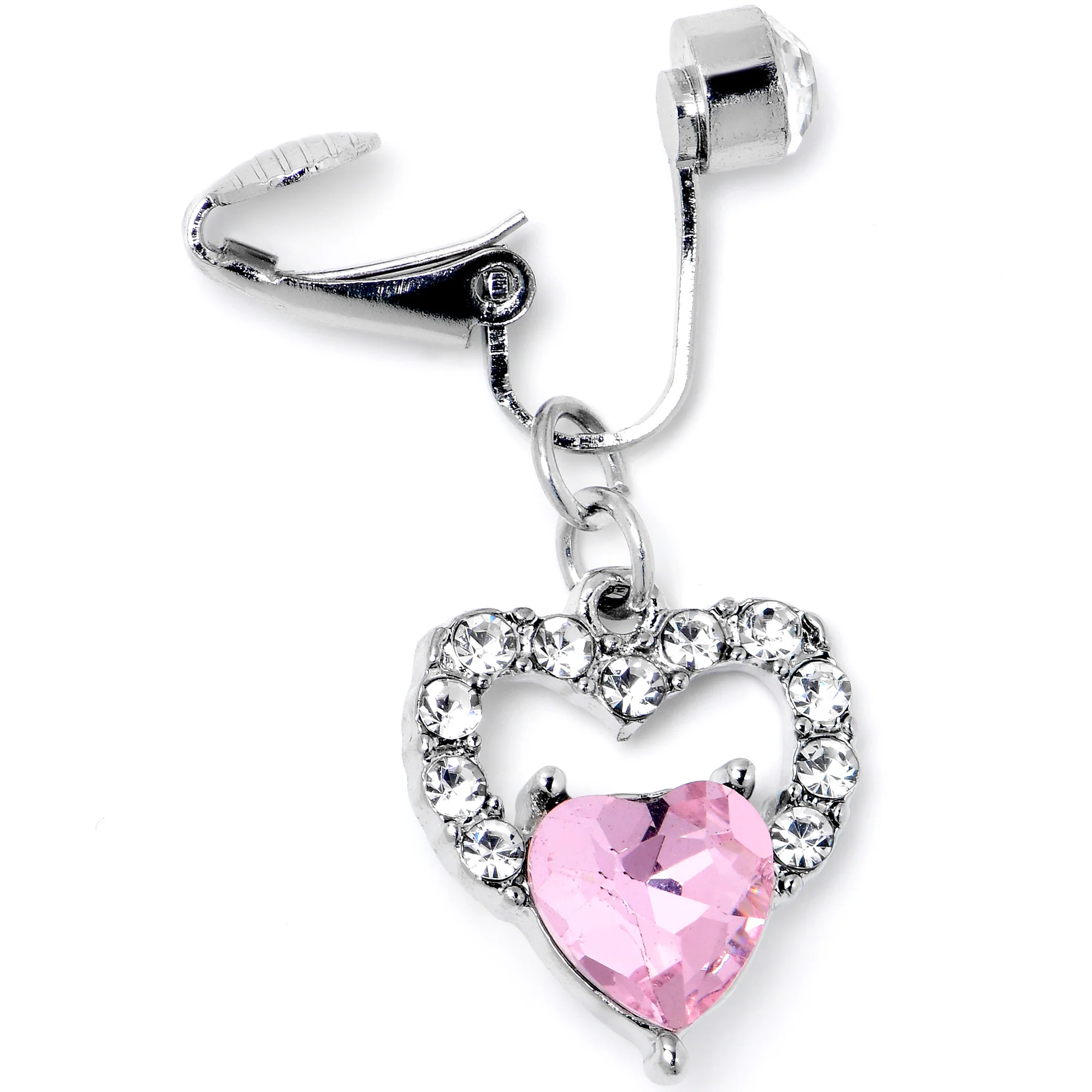 Clear Pink CZ Gem Double Heart Fake Clip On Belly Ring - Image 2