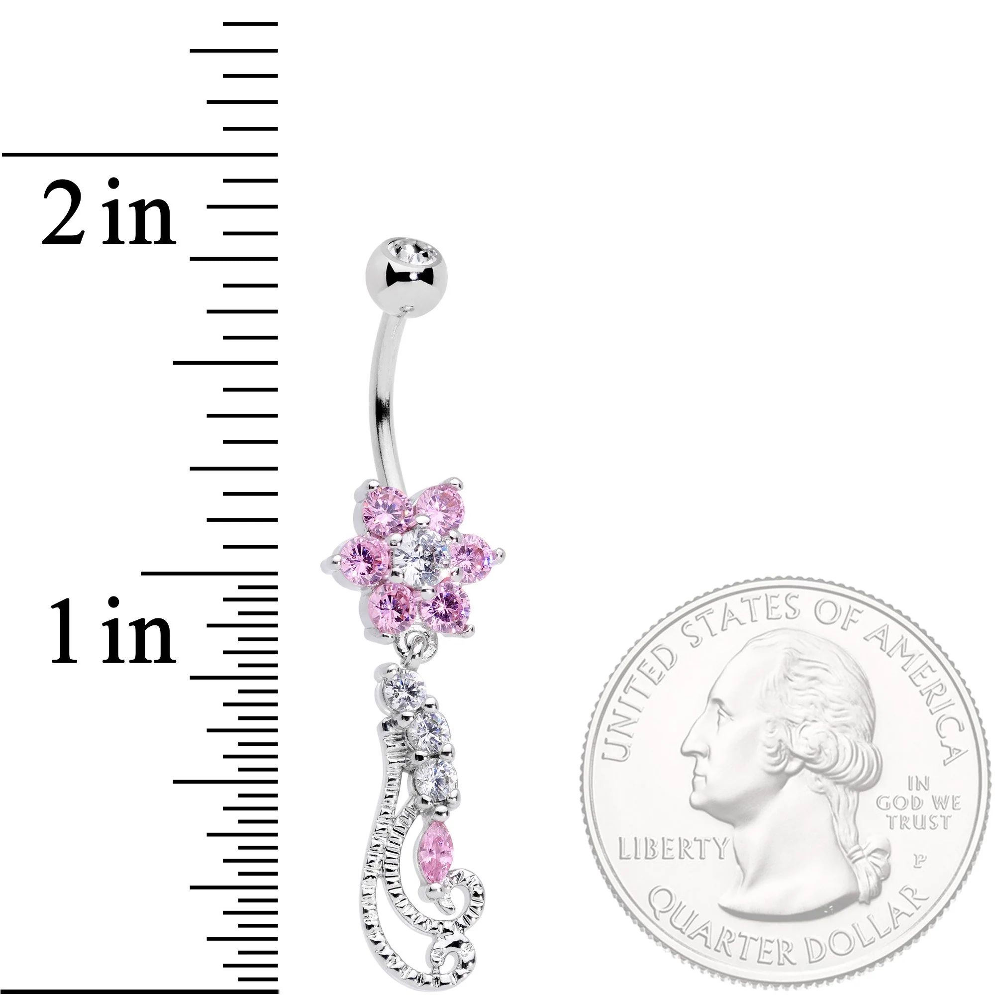 Clear Pink CZ Gem Floral Flourish Dangle Belly Ring - Image 2