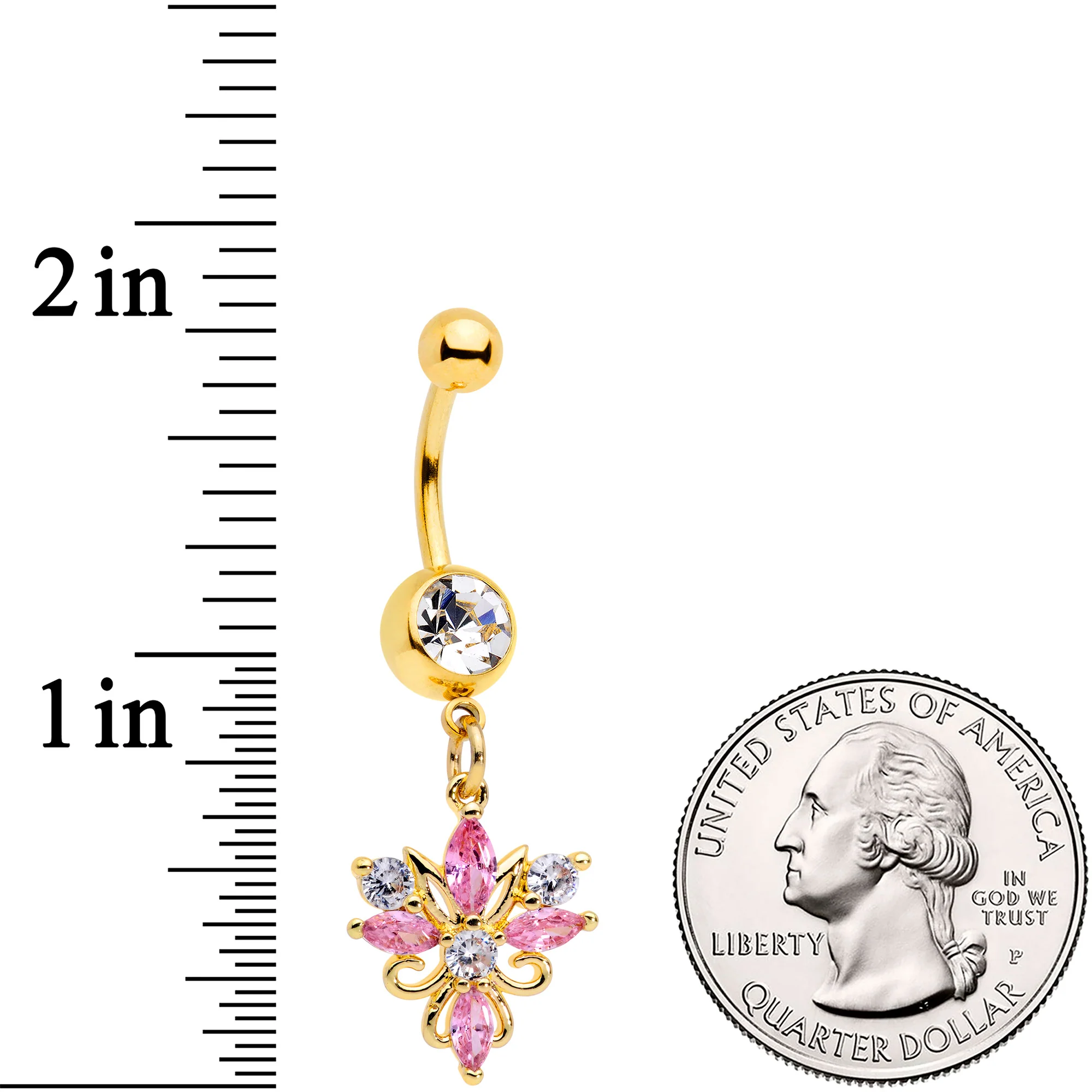 Clear Pink CZ Gem Gold Tone Classic Cross Dangle Belly Ring - Image 2