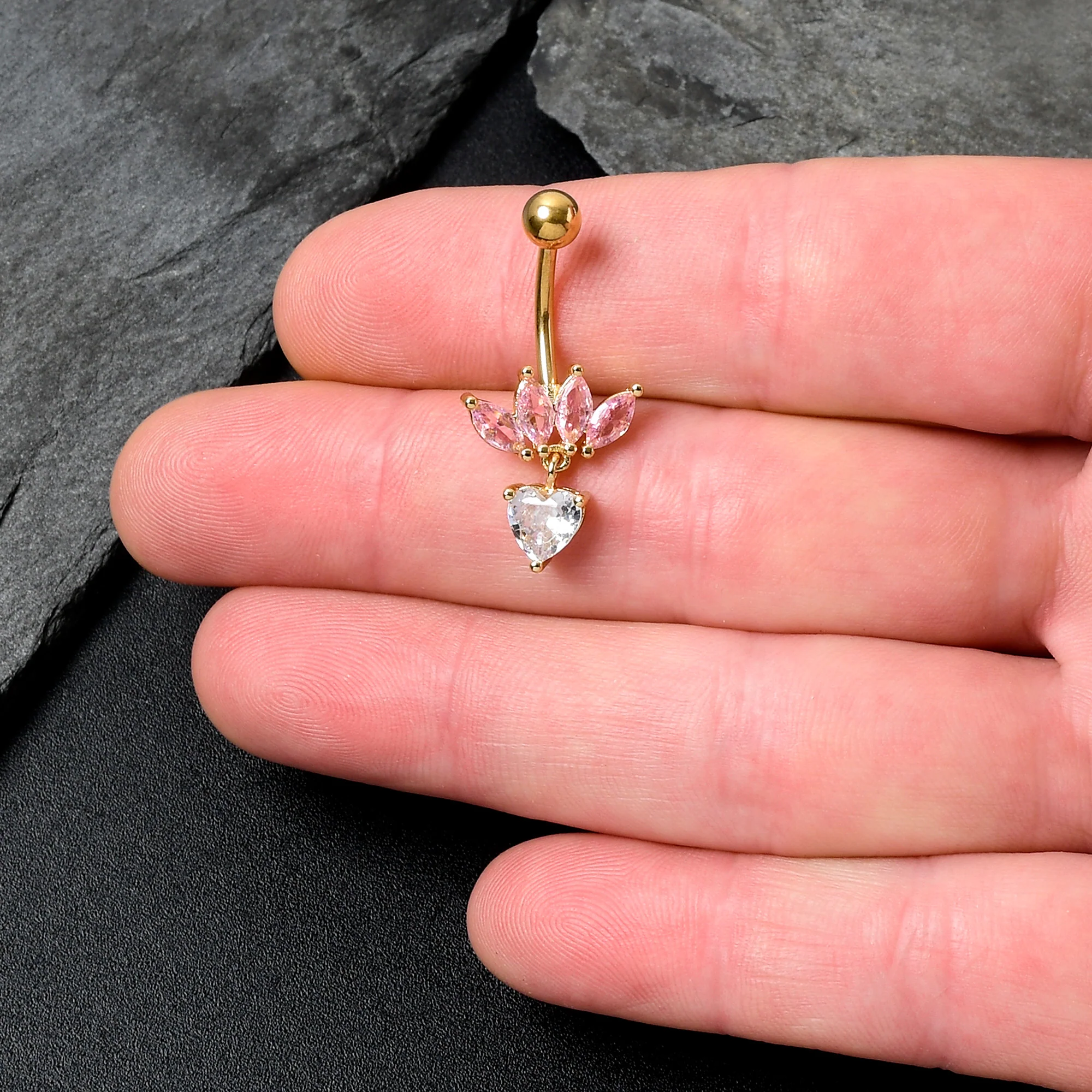 Clear Pink CZ Gem Gold Tone Crown And Heart Dangle Belly Ring - Image 2