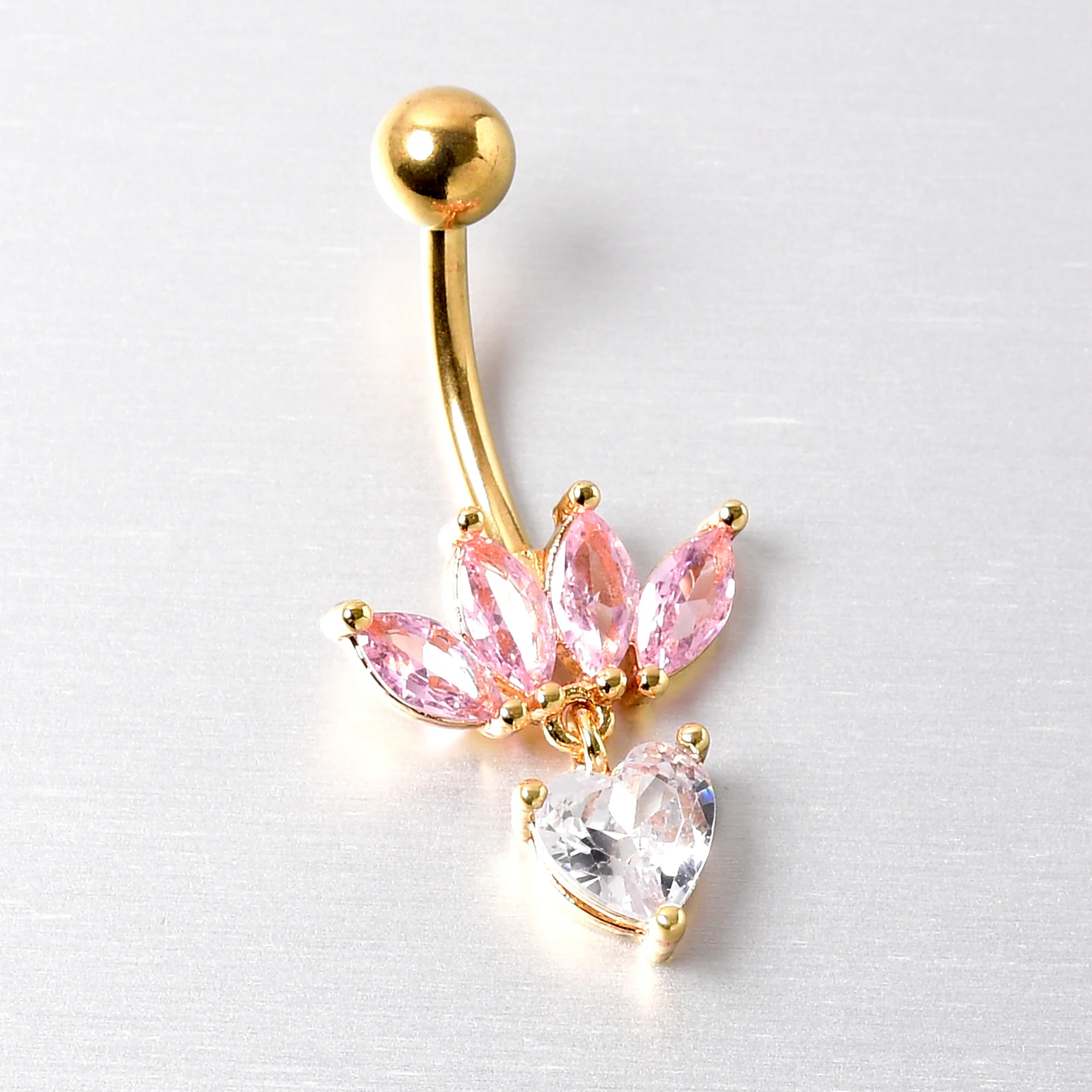 Clear Pink CZ Gem Gold Tone Crown And Heart Dangle Belly Ring - Image 3