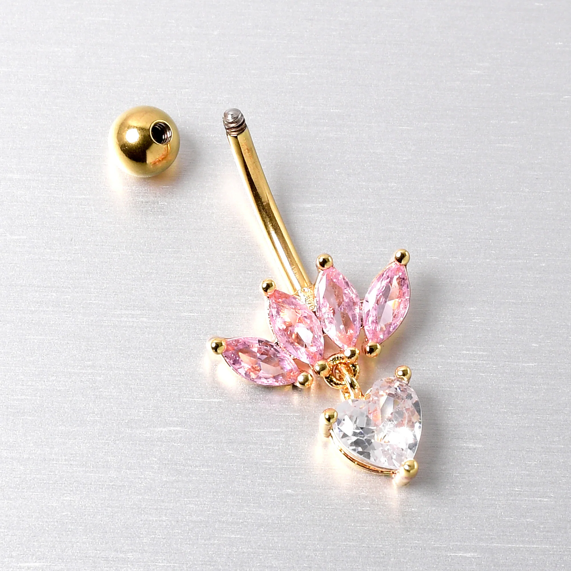 Clear Pink CZ Gem Gold Tone Crown And Heart Dangle Belly Ring - Image 4