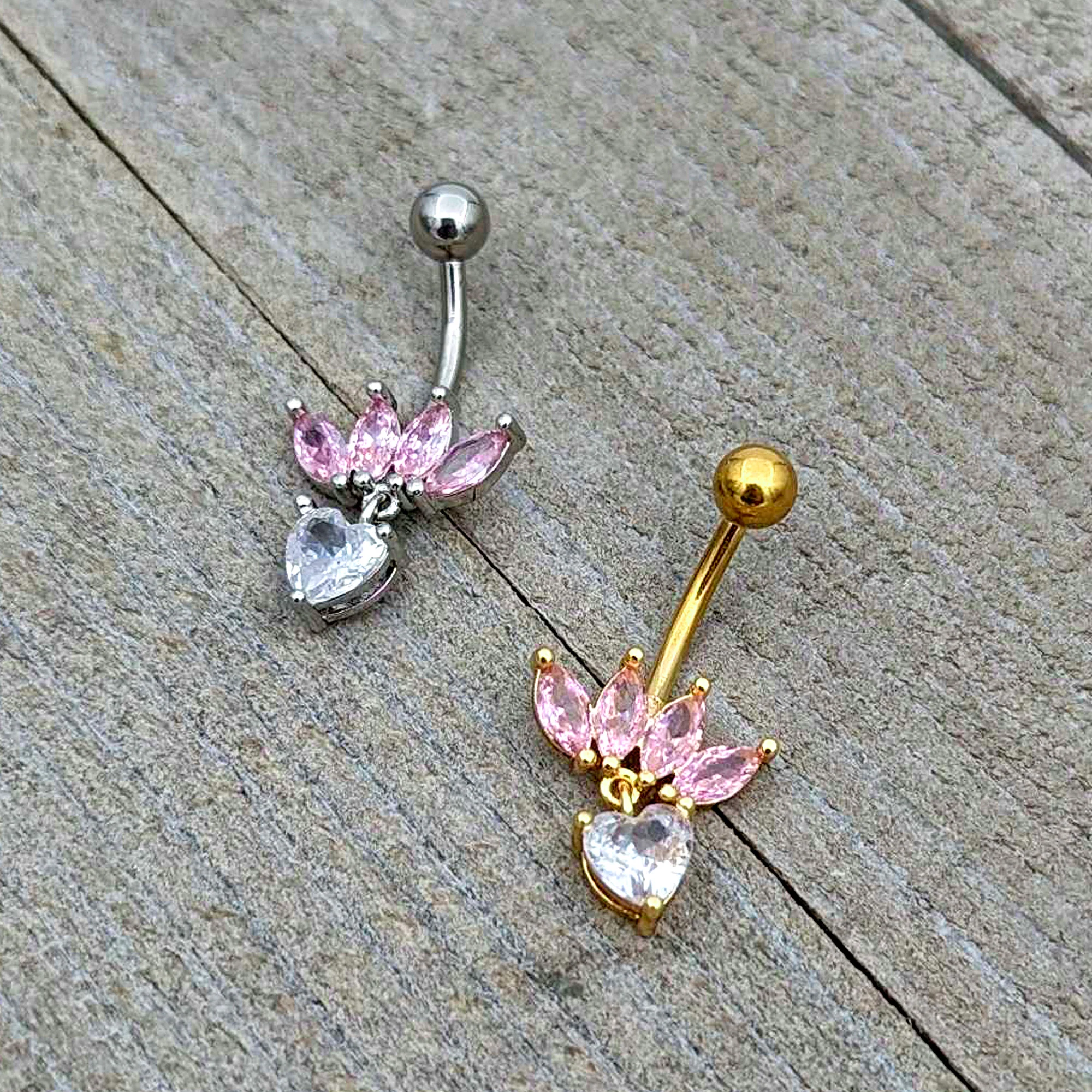 Clear Pink CZ Gem Gold Tone Crown And Heart Dangle Belly Ring - Image 7