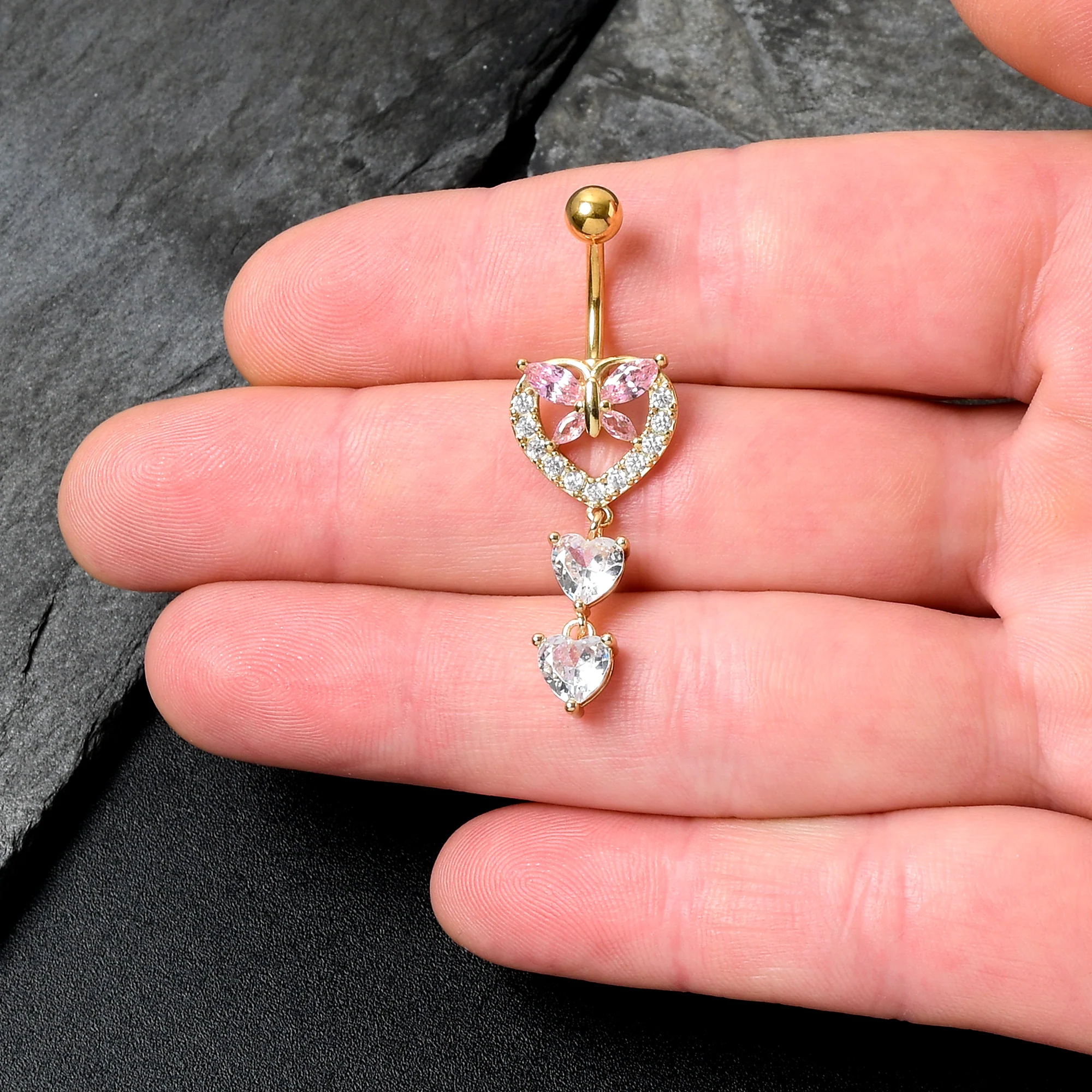 Clear Pink CZ Gem Gold Tone Heart Butterfly Double Dangle Belly Ring - Image 2