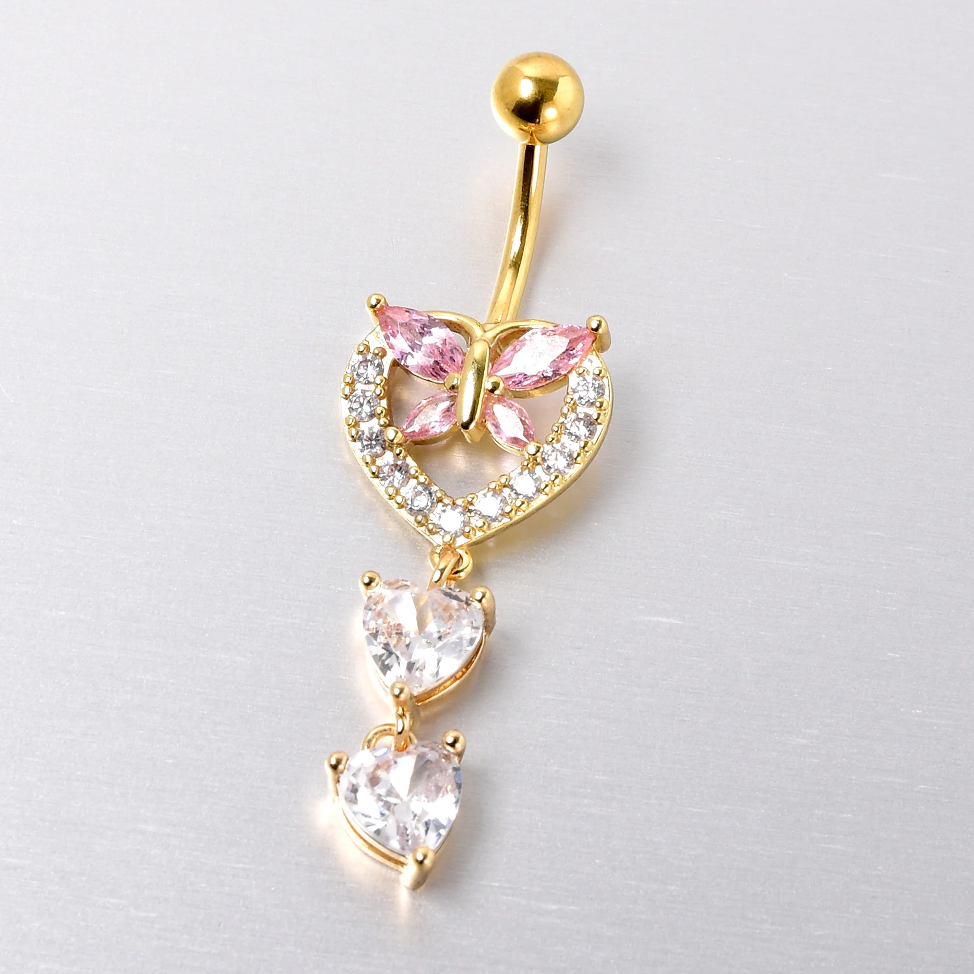Clear Pink CZ Gem Gold Tone Heart Butterfly Double Dangle Belly Ring - Image 3
