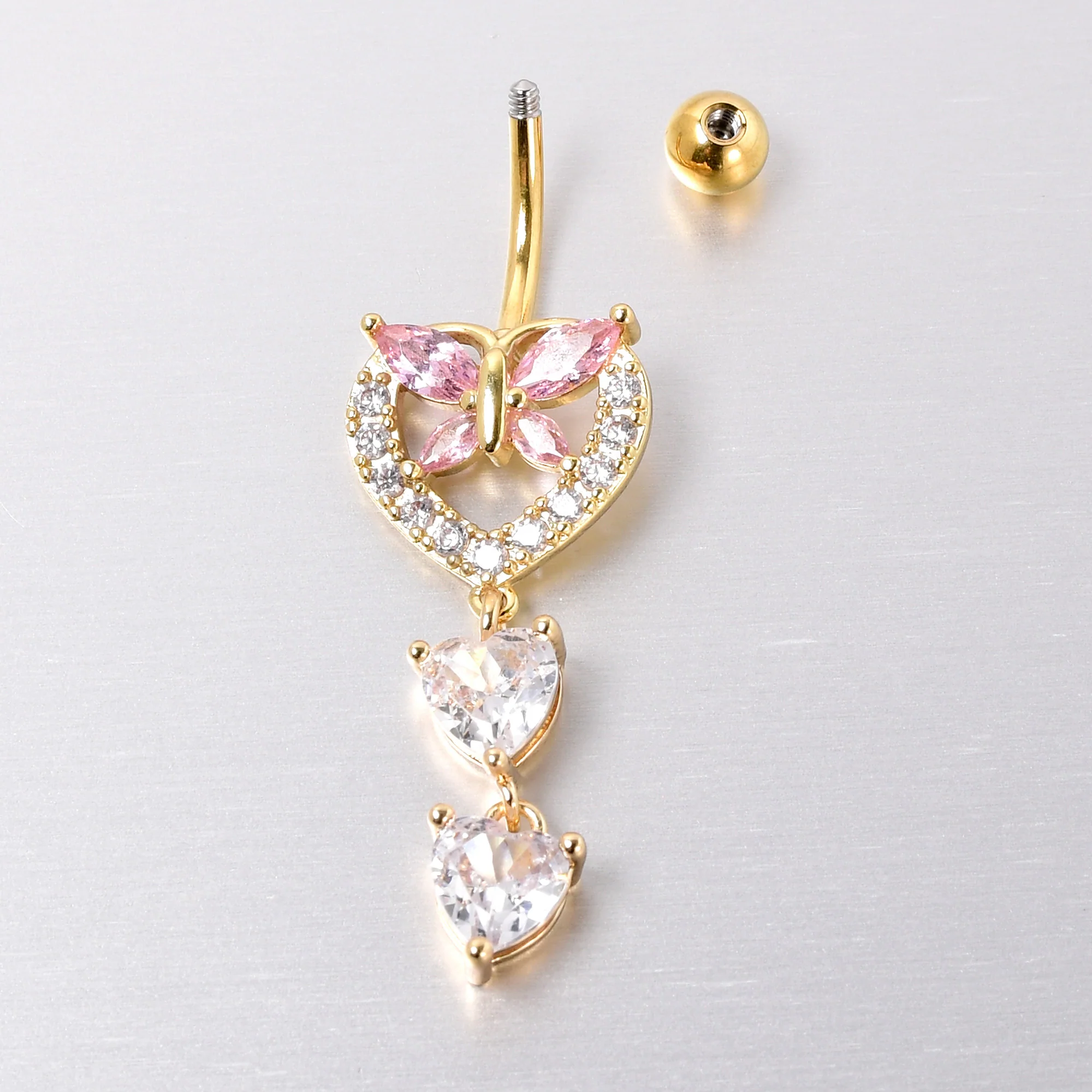 Clear Pink CZ Gem Gold Tone Heart Butterfly Double Dangle Belly Ring - Image 4