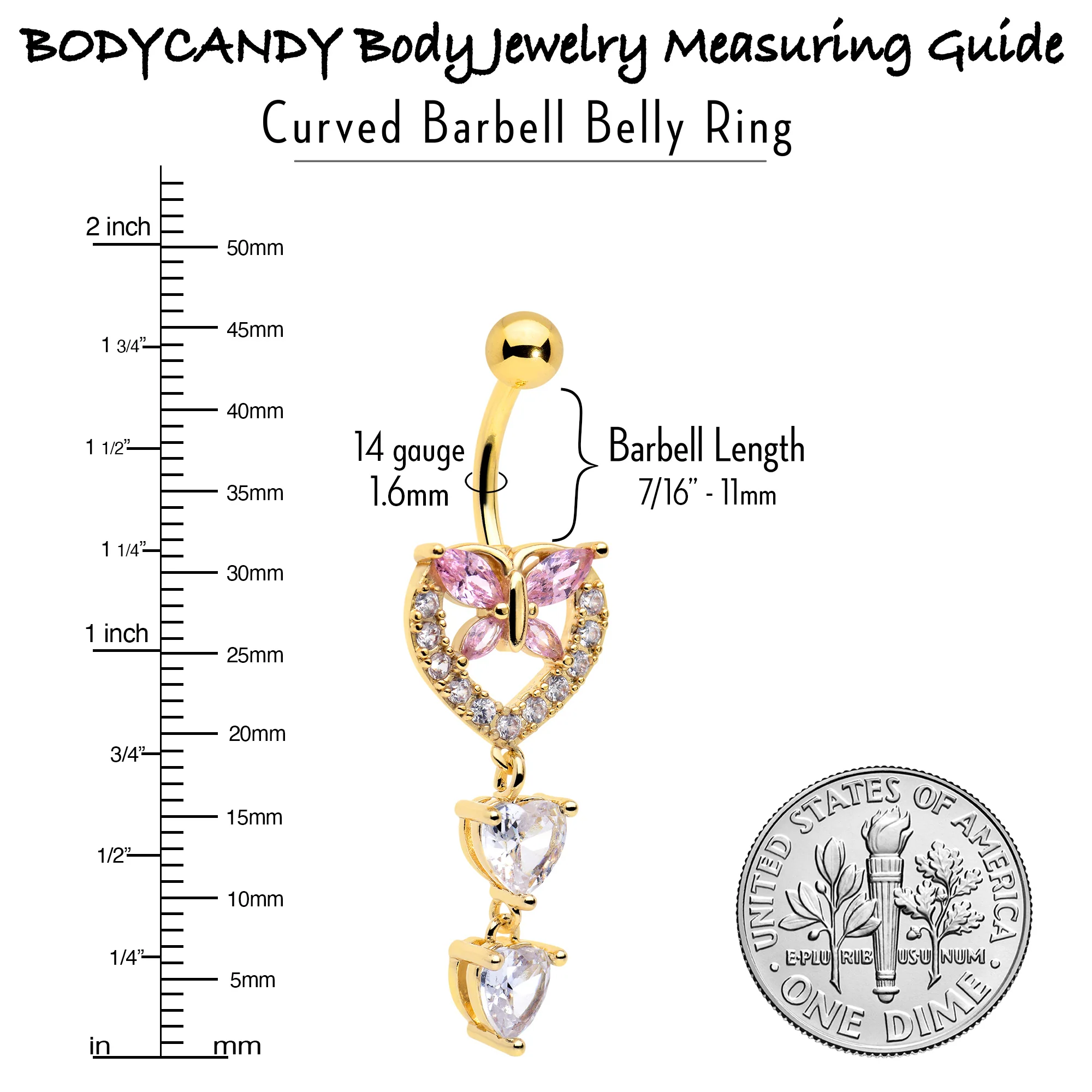 Clear Pink CZ Gem Gold Tone Heart Butterfly Double Dangle Belly Ring - Image 5
