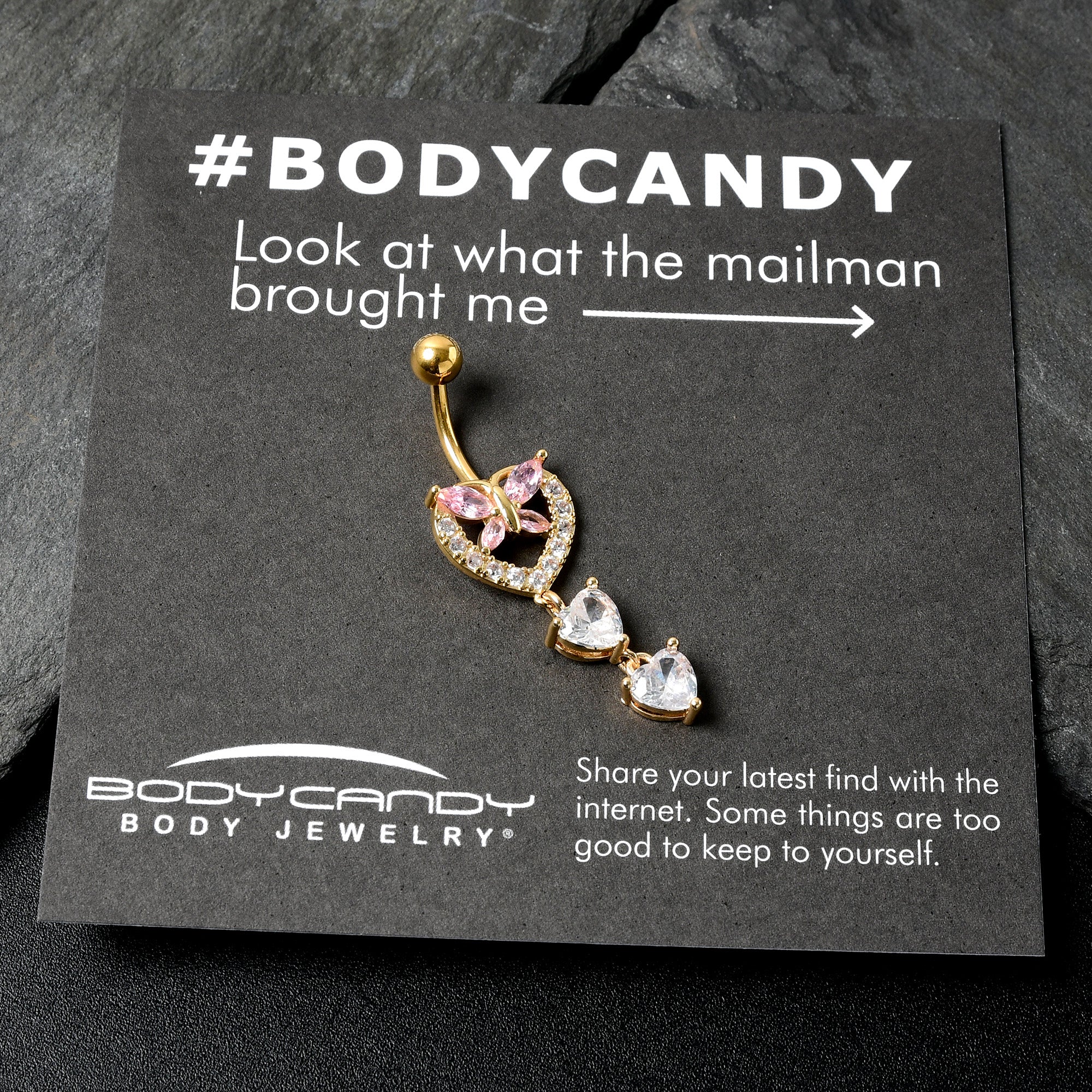 Clear Pink CZ Gem Gold Tone Heart Butterfly Double Dangle Belly Ring - Image 6