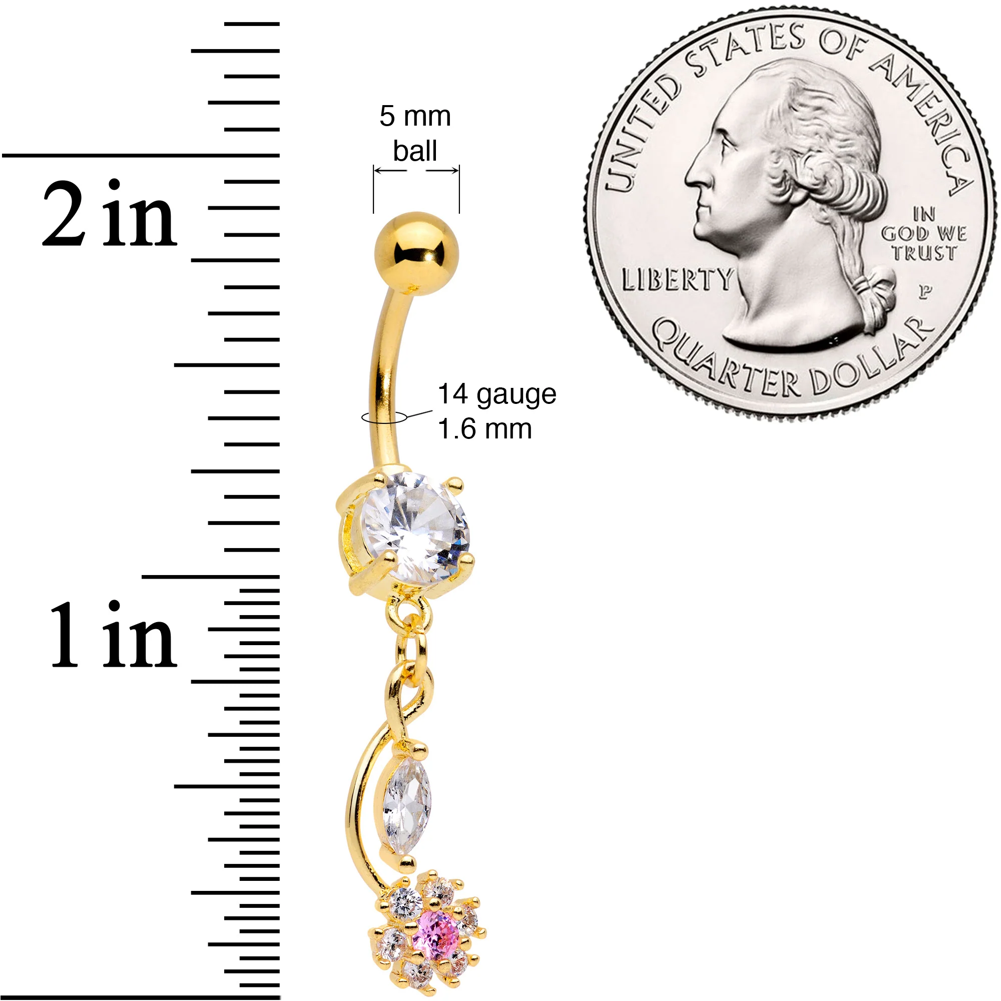 Clear Pink CZ Gem Gold Tone Twist Flower Dangle Belly Ring - Image 2
