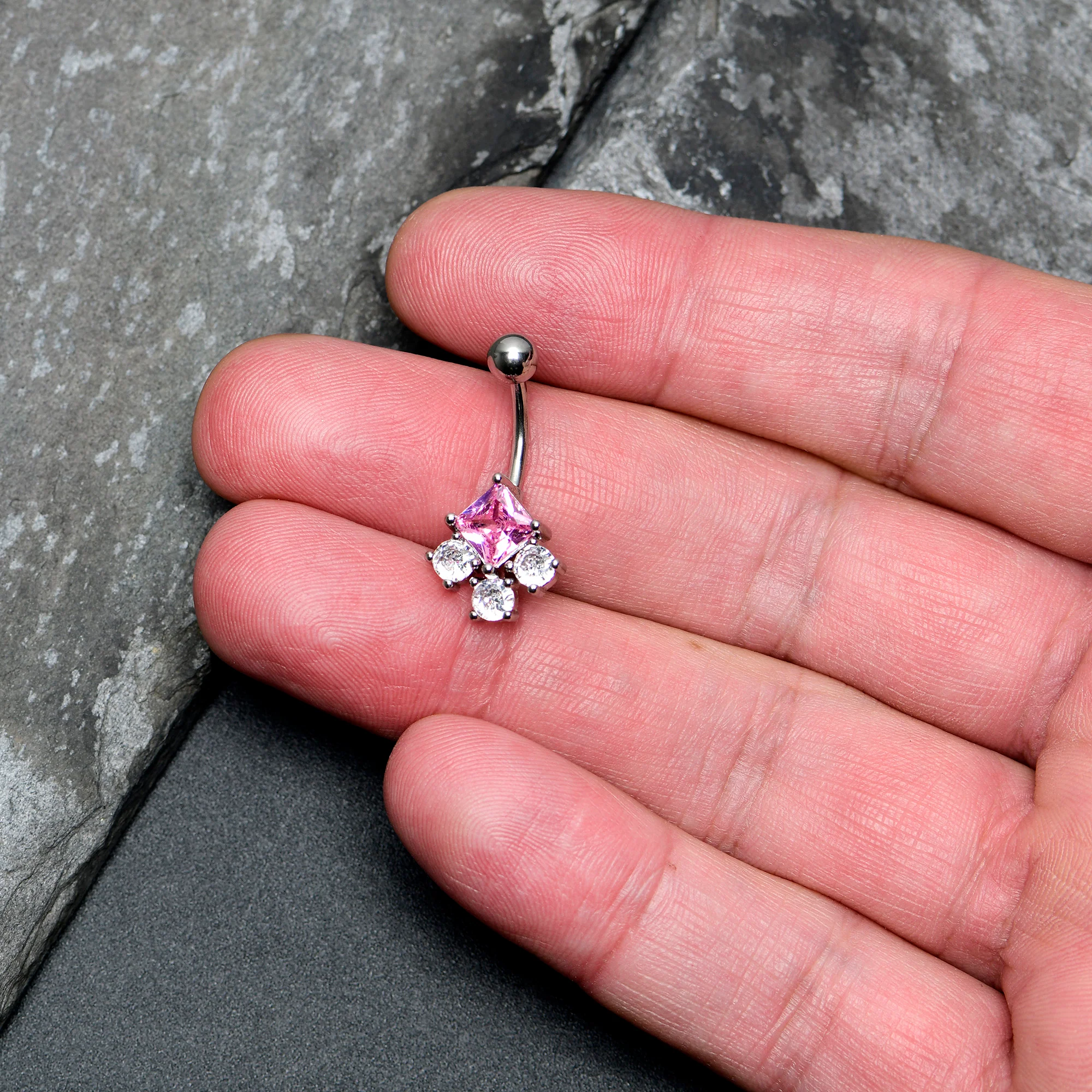 Clear Pink CZ Gem Rhombus Riot Belly Ring - Image 2