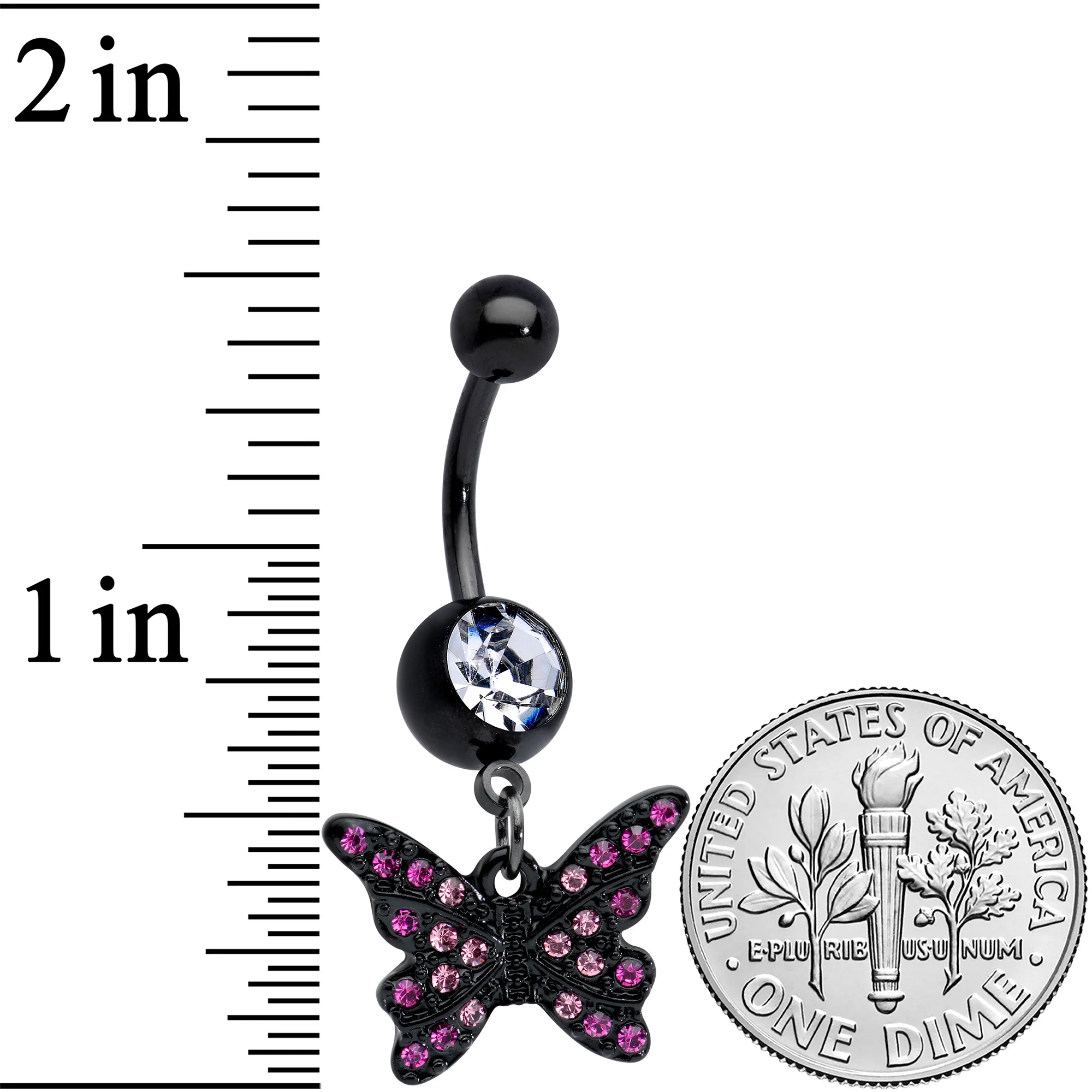 Clear Pink Gem Black Midnight Butterfly Dangle Belly Ring - Image 2