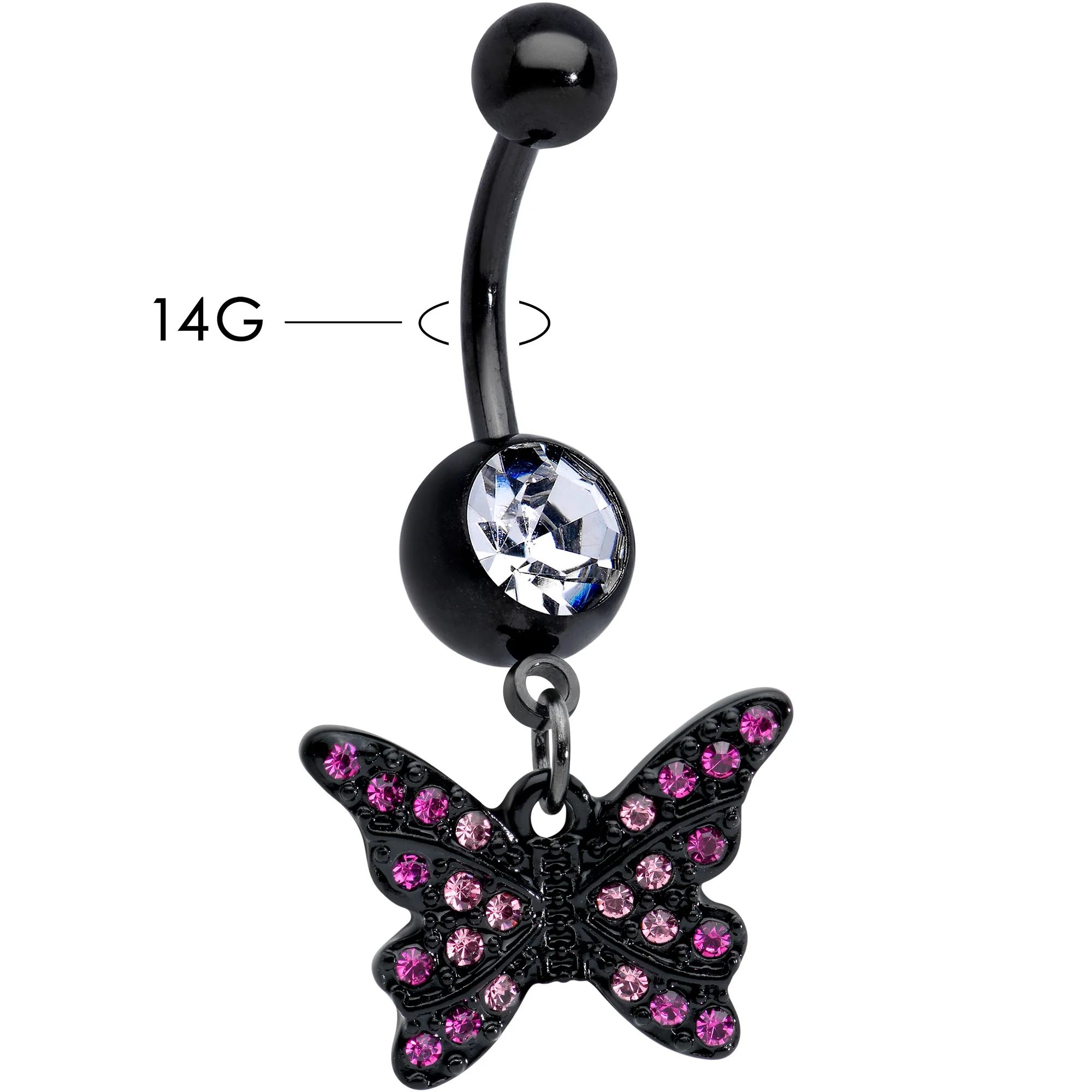 Clear Pink Gem Black Midnight Butterfly Dangle Belly Ring - Image 3