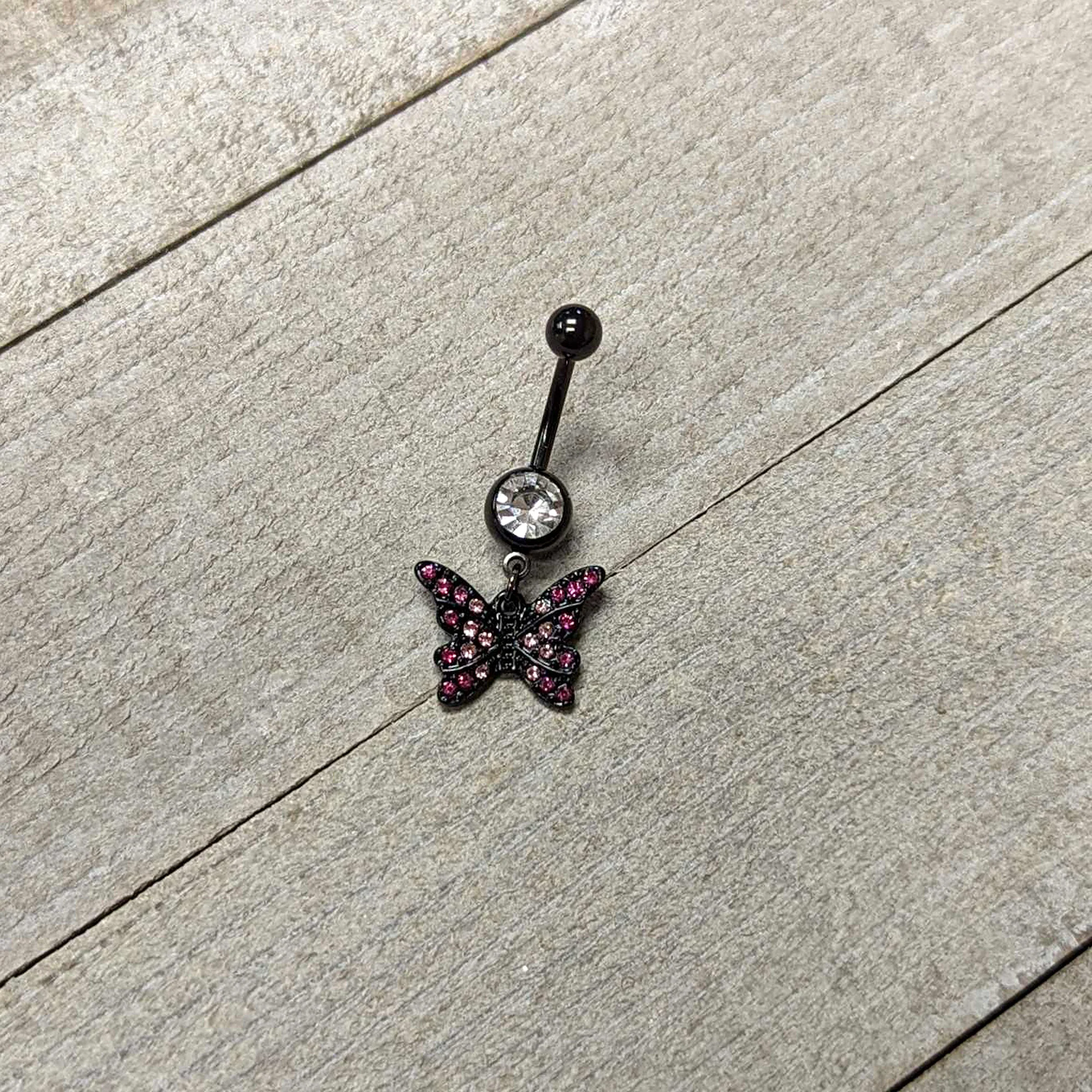 Clear Pink Gem Black Midnight Butterfly Dangle Belly Ring - Image 4