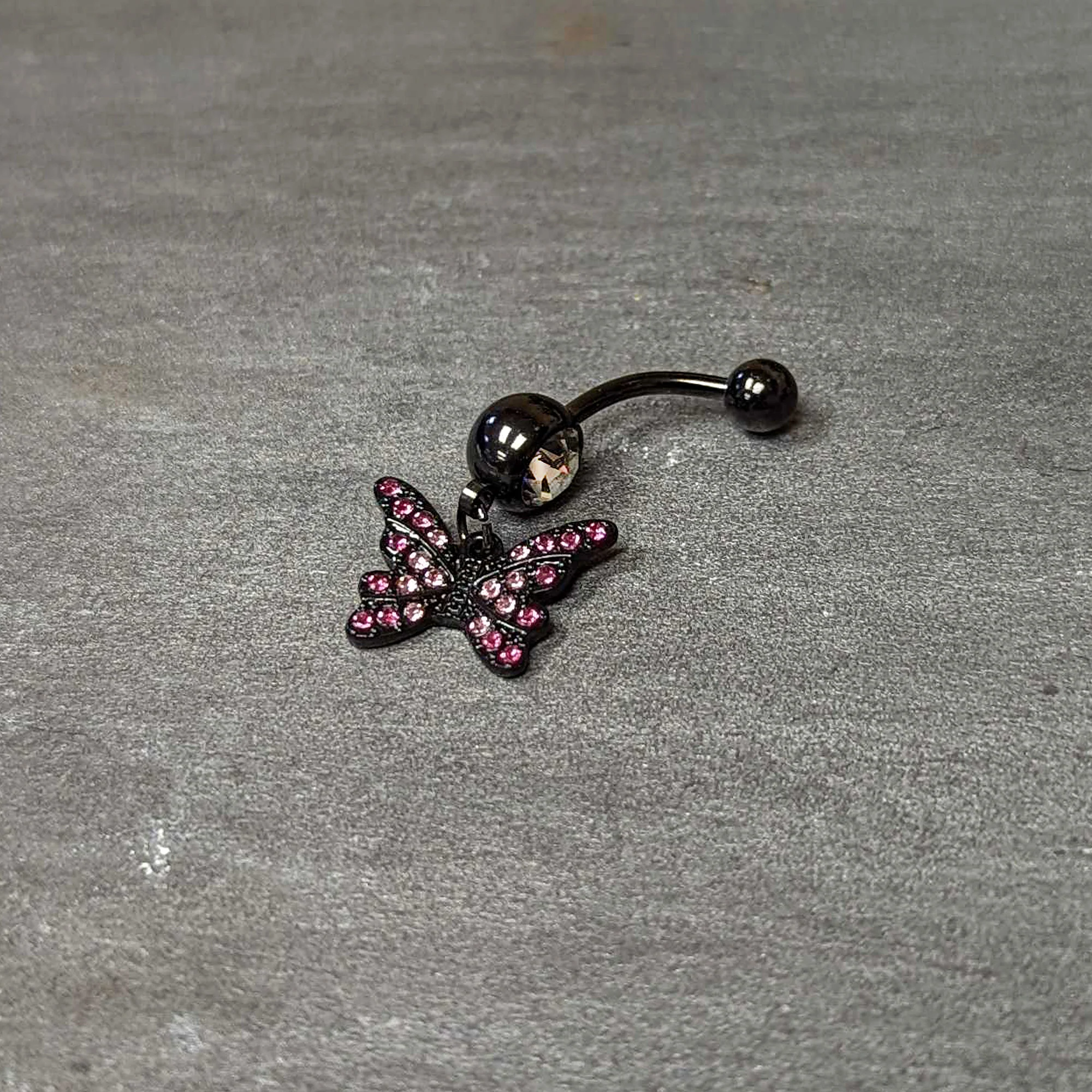 Clear Pink Gem Black Midnight Butterfly Dangle Belly Ring - Image 5
