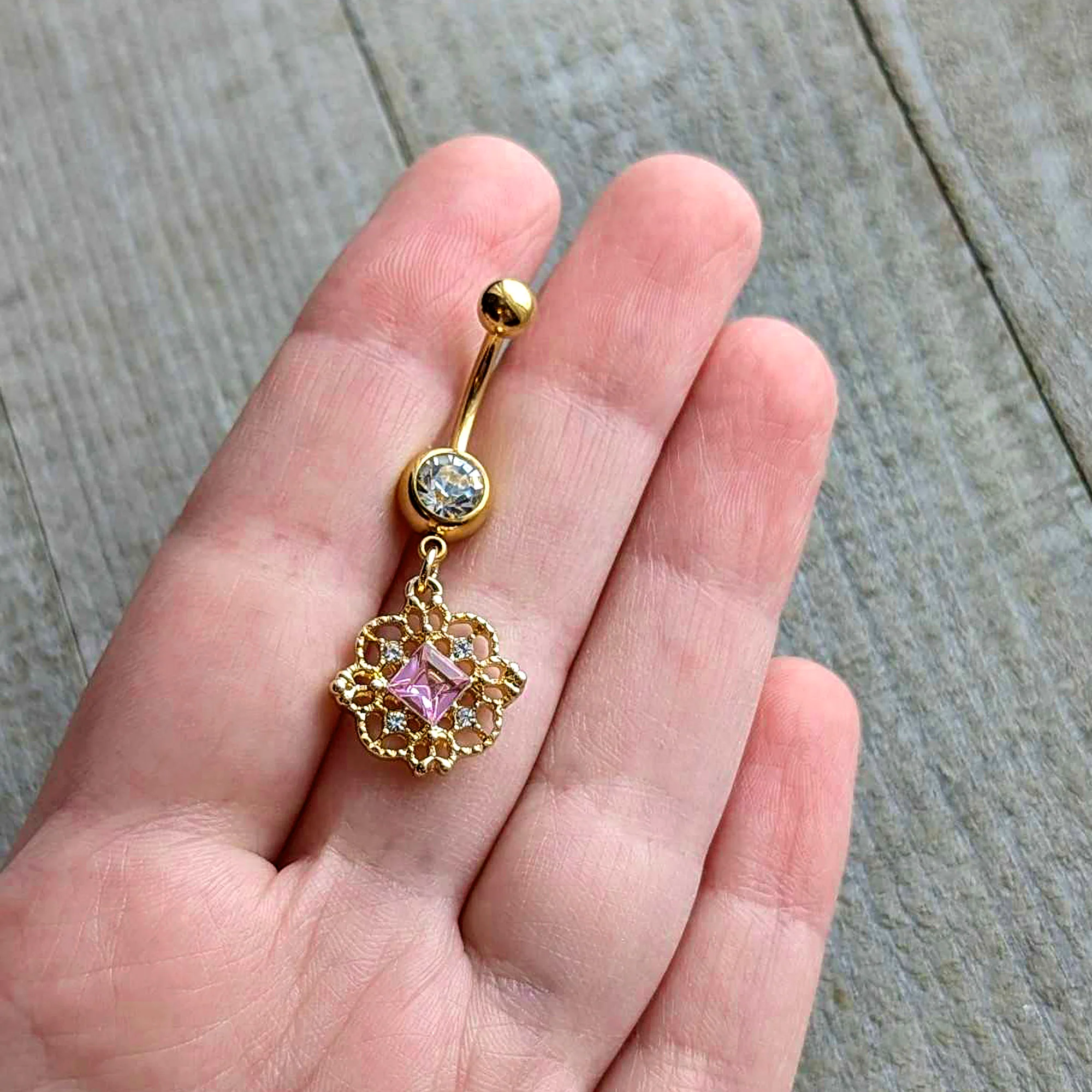 Clear Pink Gem Gold Tone Filigree Fantasy Dangle Belly Ring - Image 2