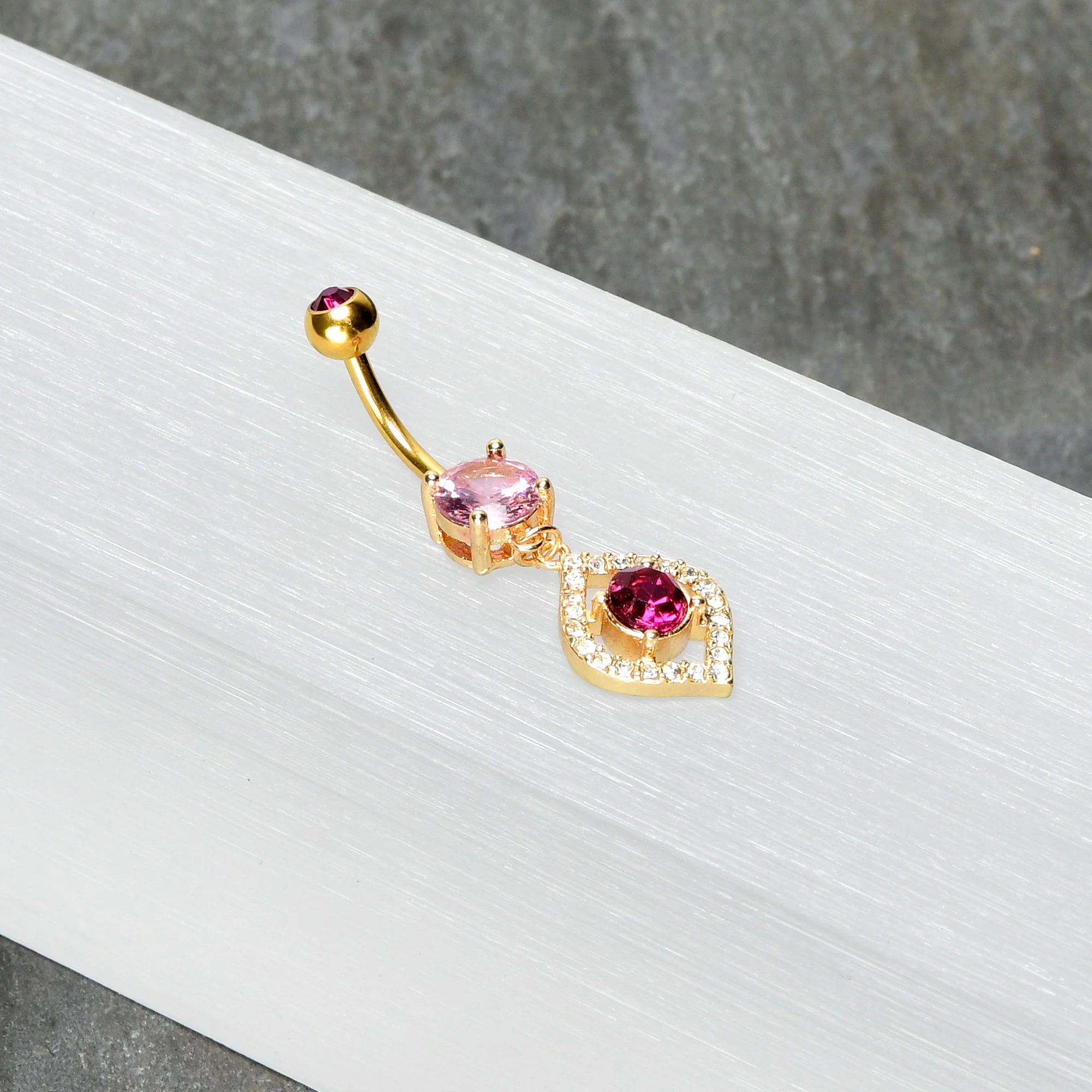 Clear Pink Gem Gold Tone Open Eye Dangle Belly Ring - Image 6