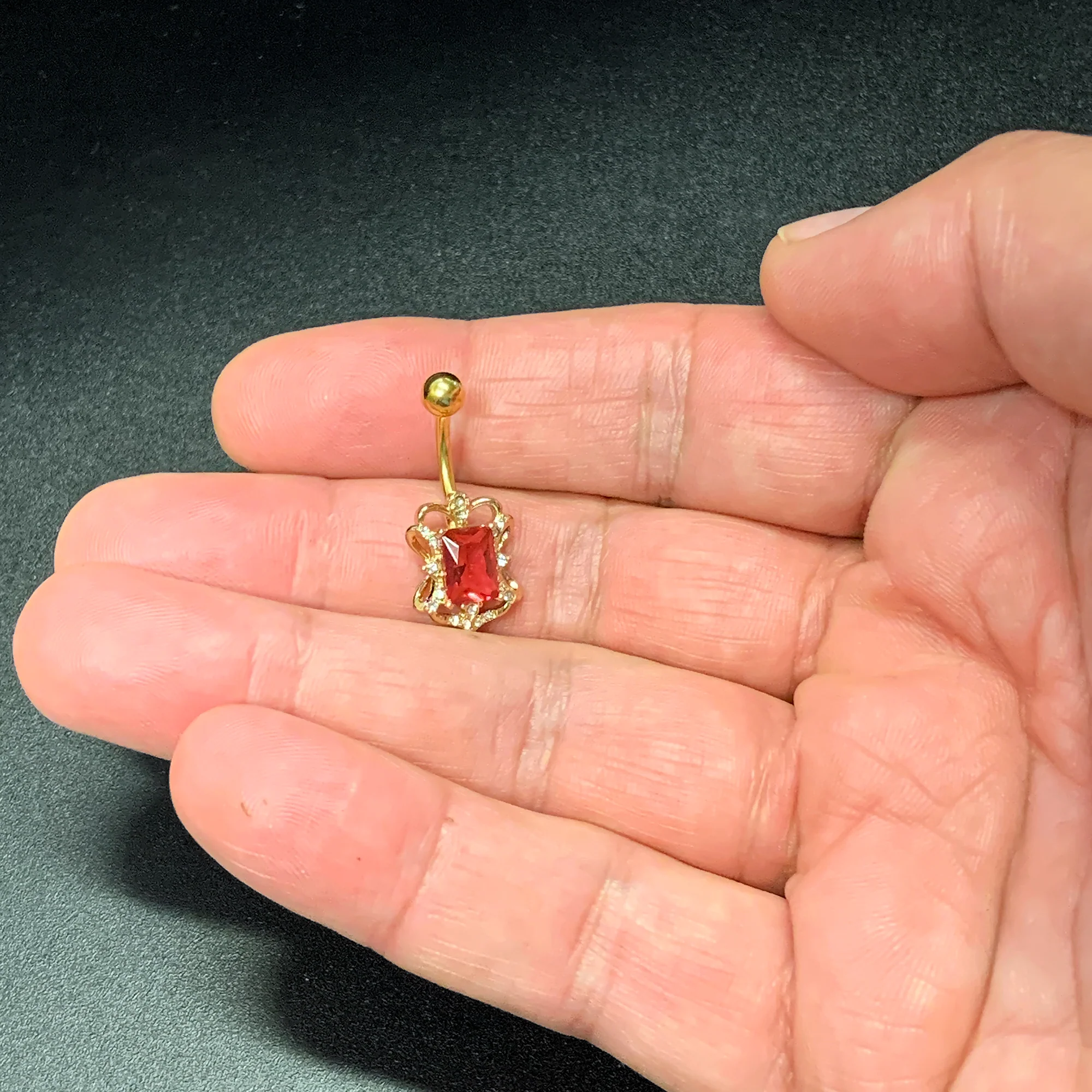 Clear Pink Gem Gold Tone Open Oblong Elegant Belly Ring - Image 6