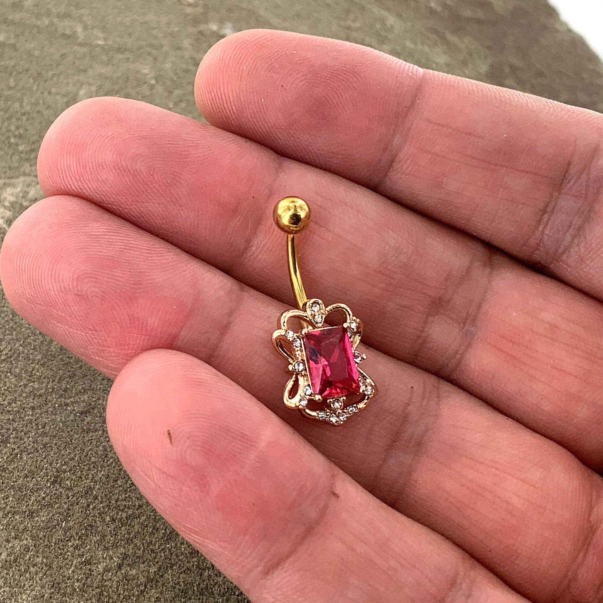 Clear Pink Gem Gold Tone Open Oblong Elegant Belly Ring - Image 8