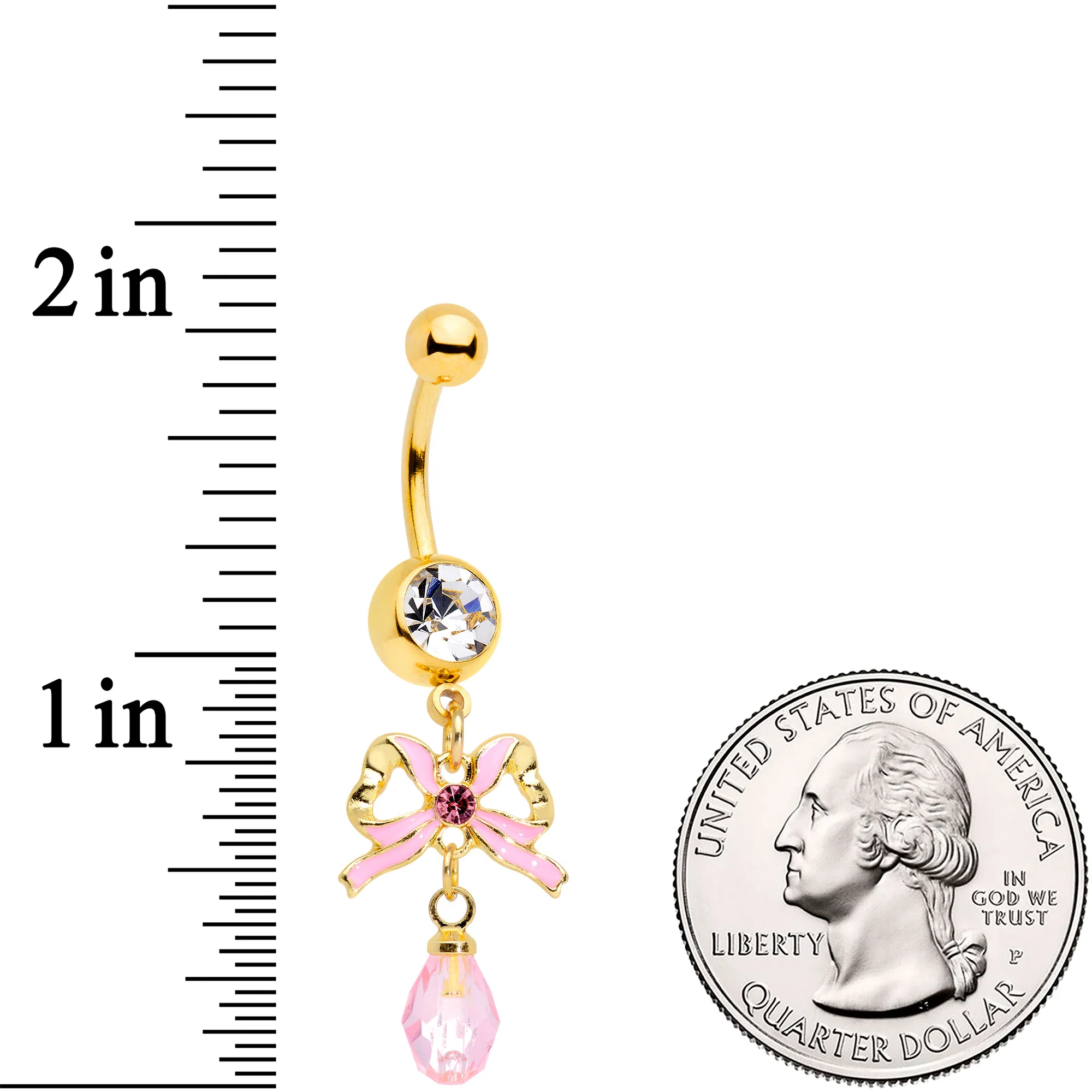 Clear Pink Gem Gold Tone Pink Bow Dangle Belly Ring - Image 2