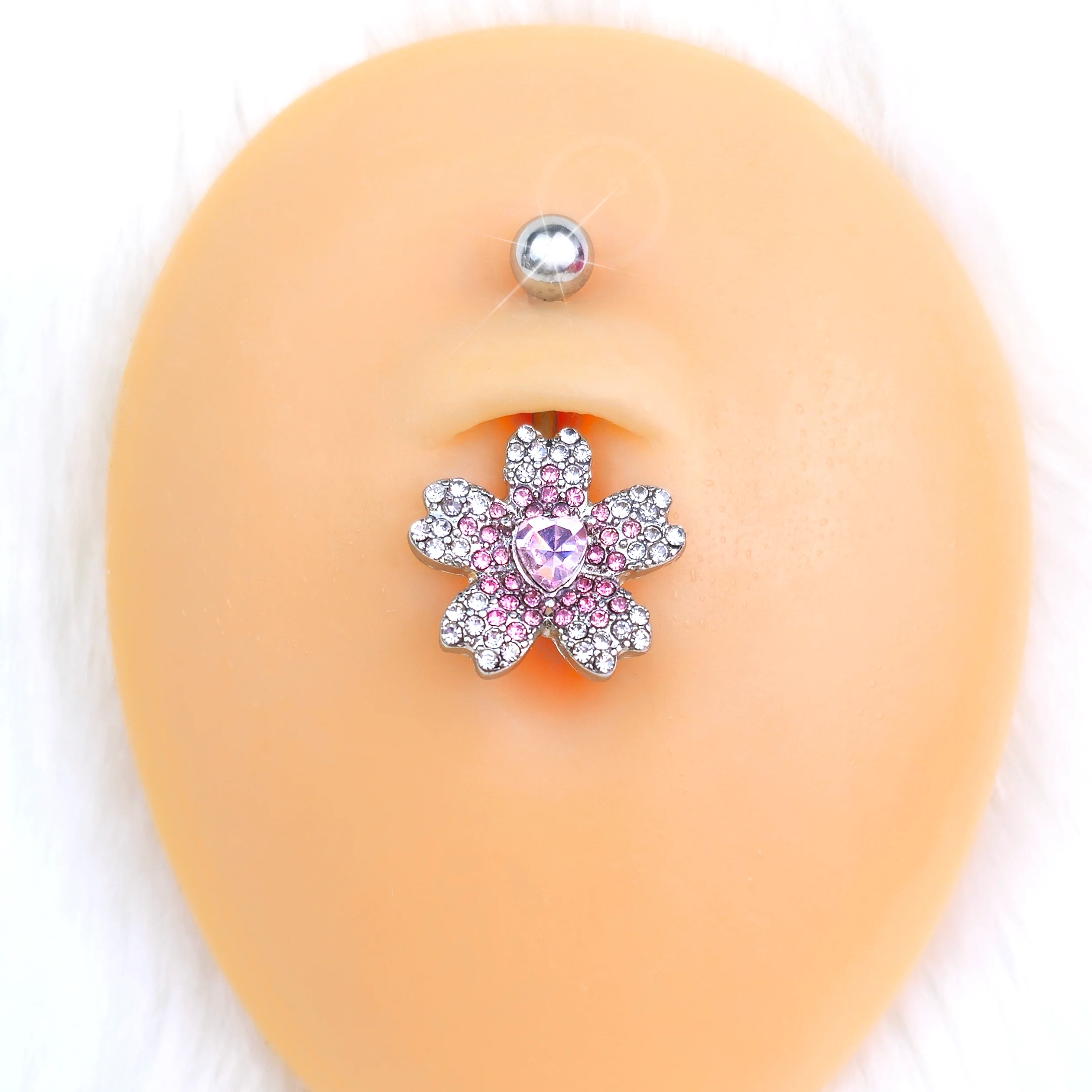 Clear Pink Gem Heart in Flower Belly Ring - Image 2