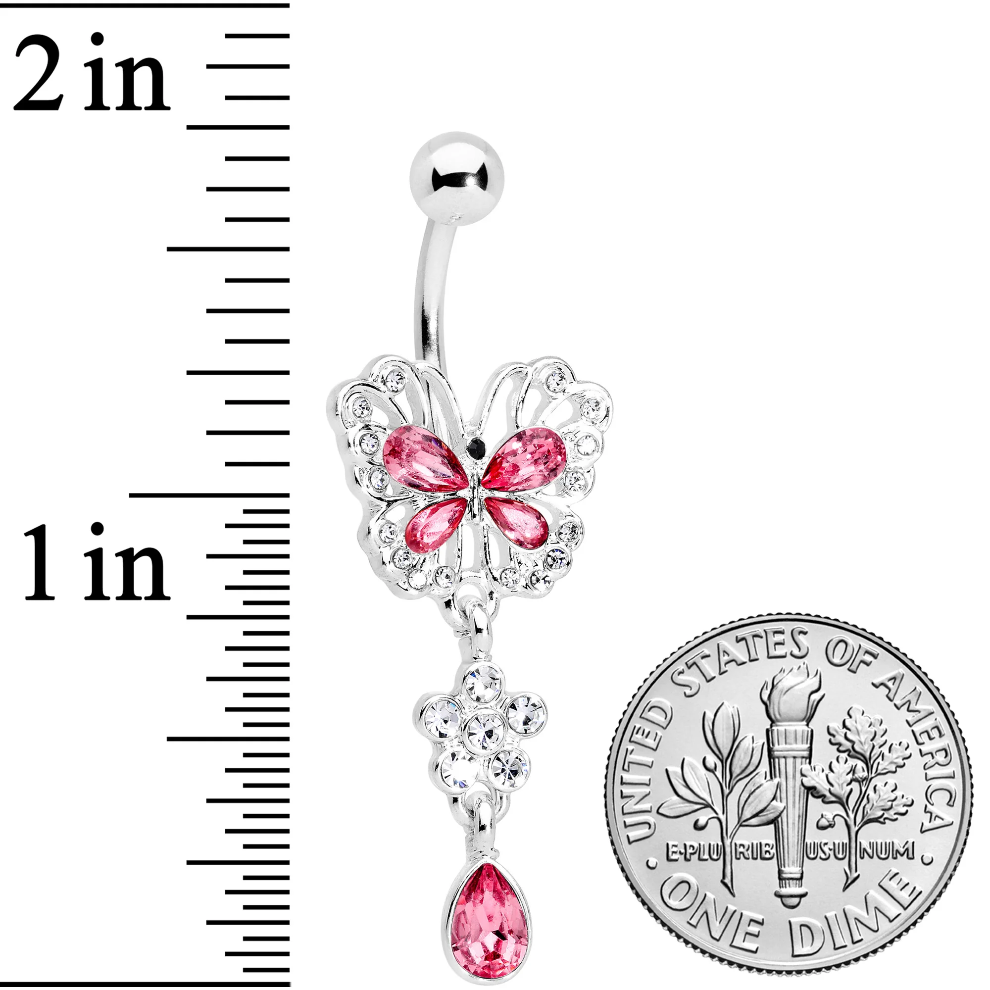 Clear Pink Gem Lacy Butterfly Flower Drop Dangle Belly Ring - Image 2