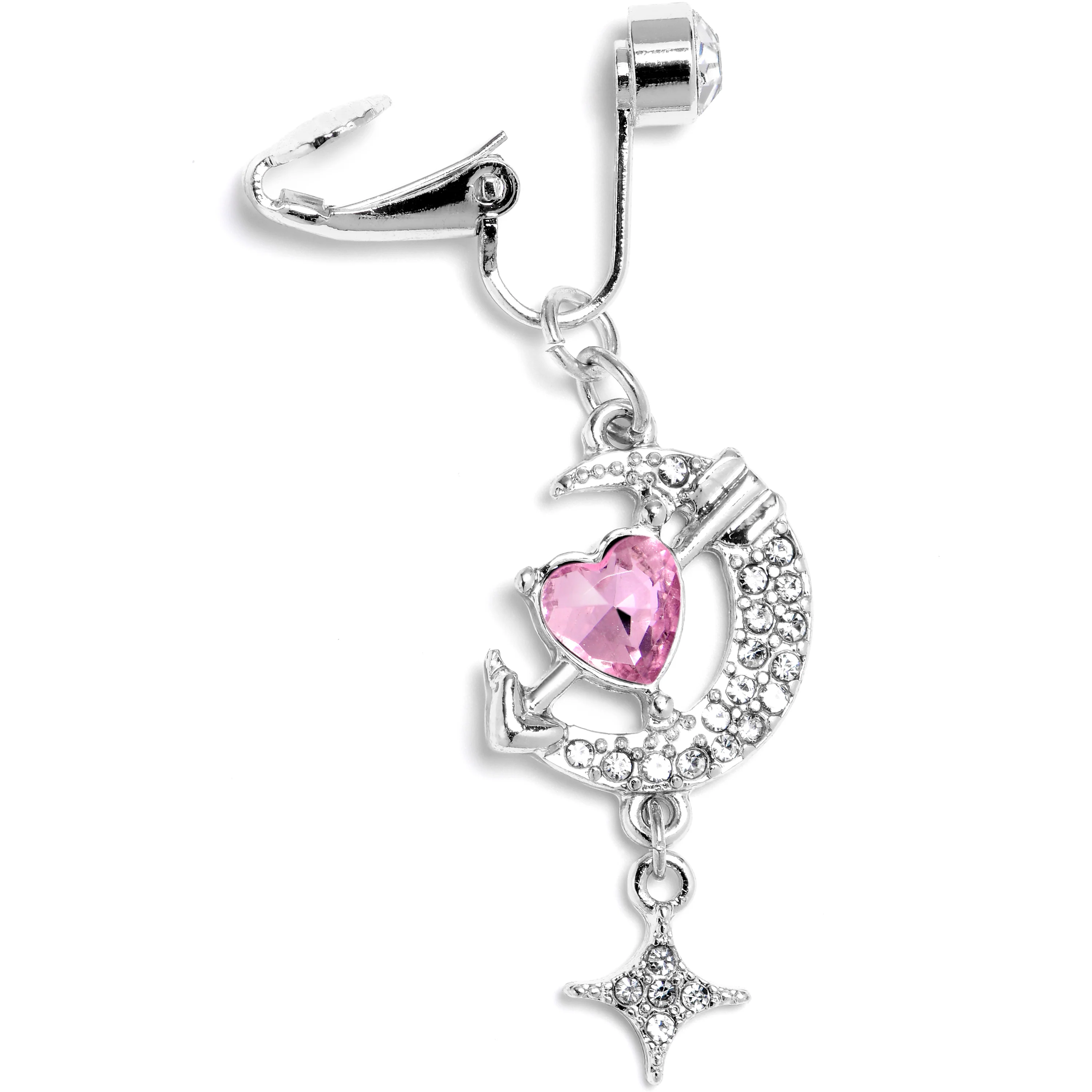 Clear Pink Gem Moon Lover Dangle Clip On Fake Belly Ring - Image 2