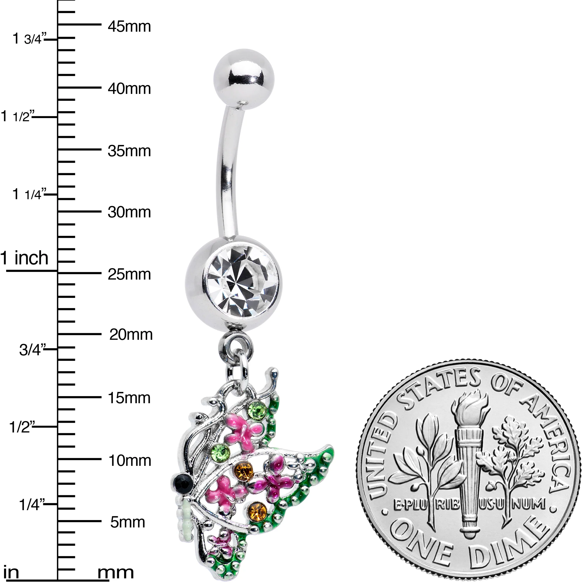 Clear Pink Gem Openwork Butterfly Wings Dangle Belly Ring - Image 2