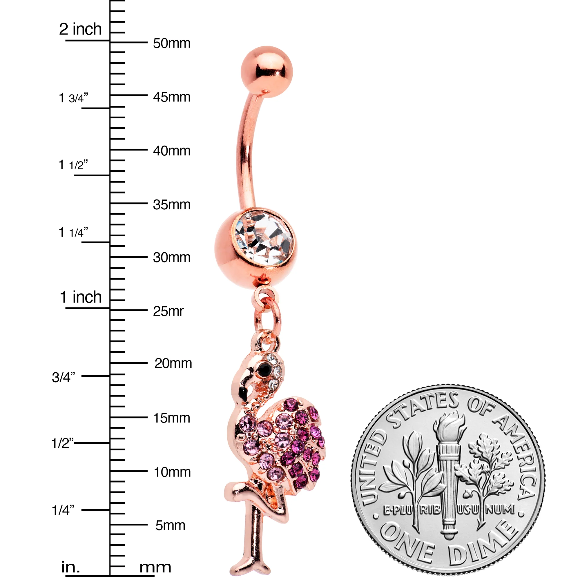 Clear Pink Gem Rose Gold Tone Fashion Flamingo Dangle Belly Ring - Image 2