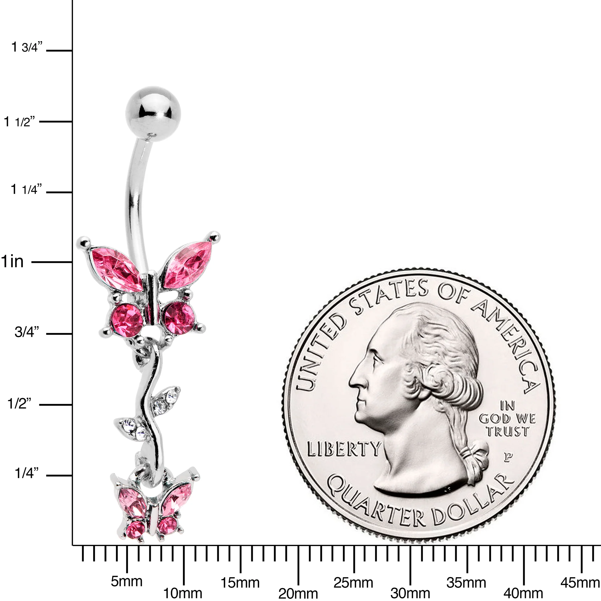 Clear Pink Gem Vine Butterfly Dangle Belly Ring - Image 2