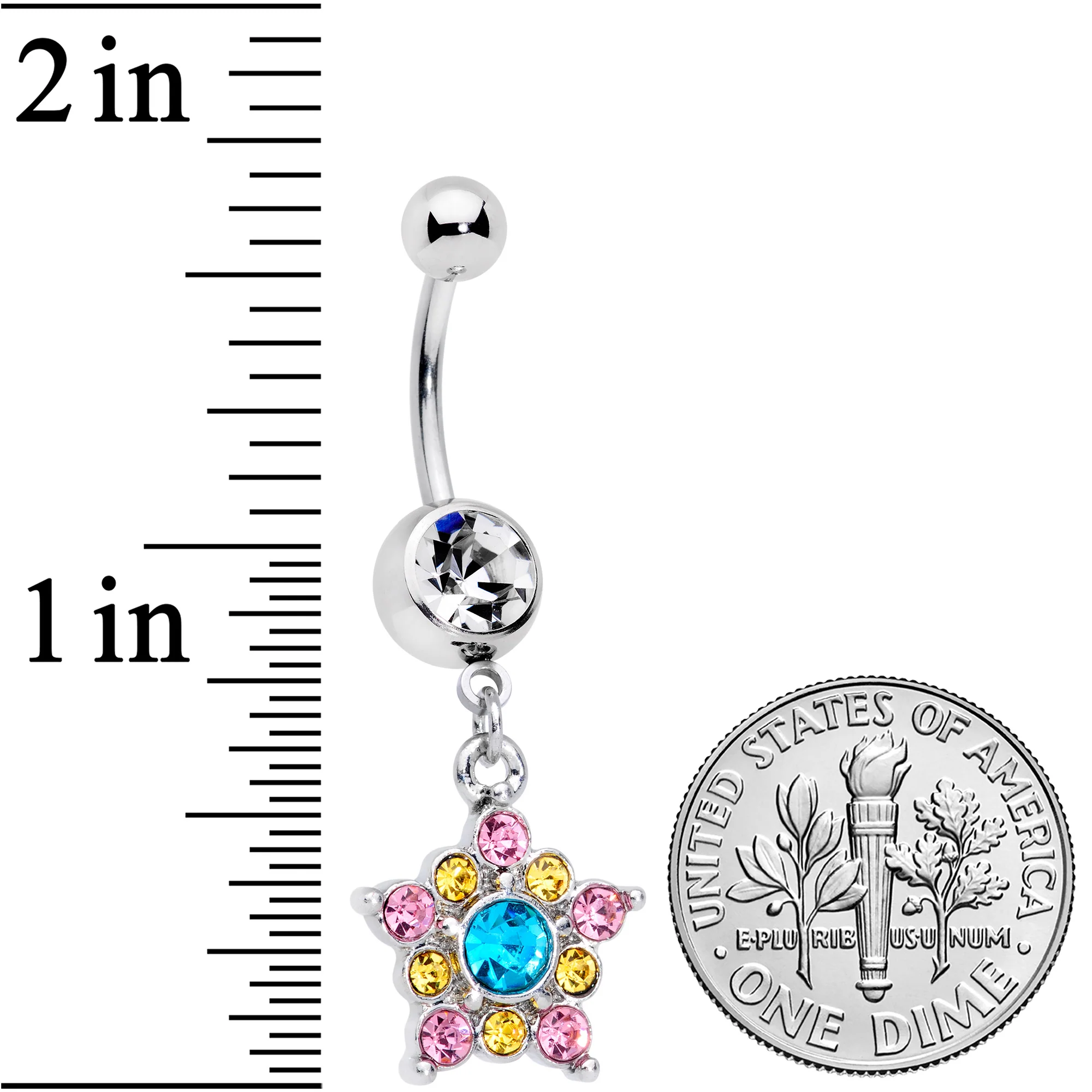 Clear Pink Yellow Aqua Gem Star Dangle Belly Ring - Image 2