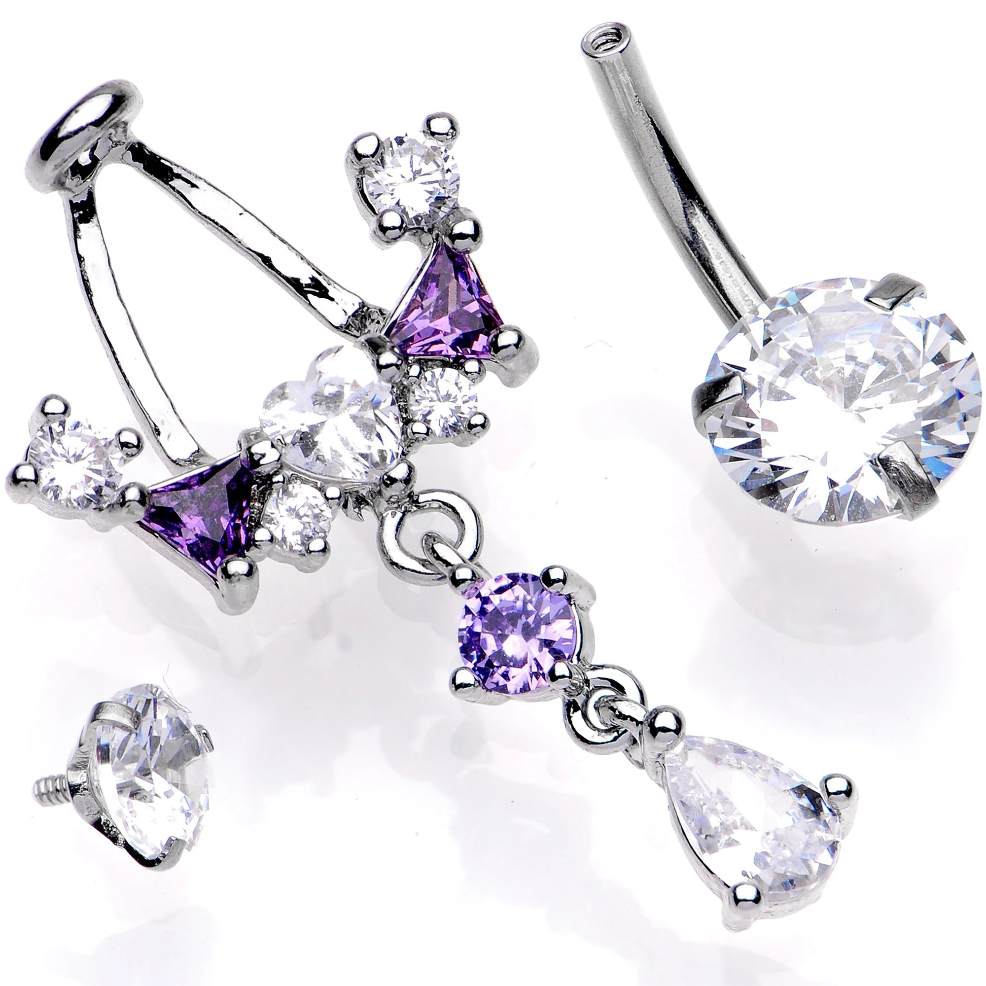 Clear Purple CZ Gem Alluring Elegance Dangle Belly Ring - Image 3
