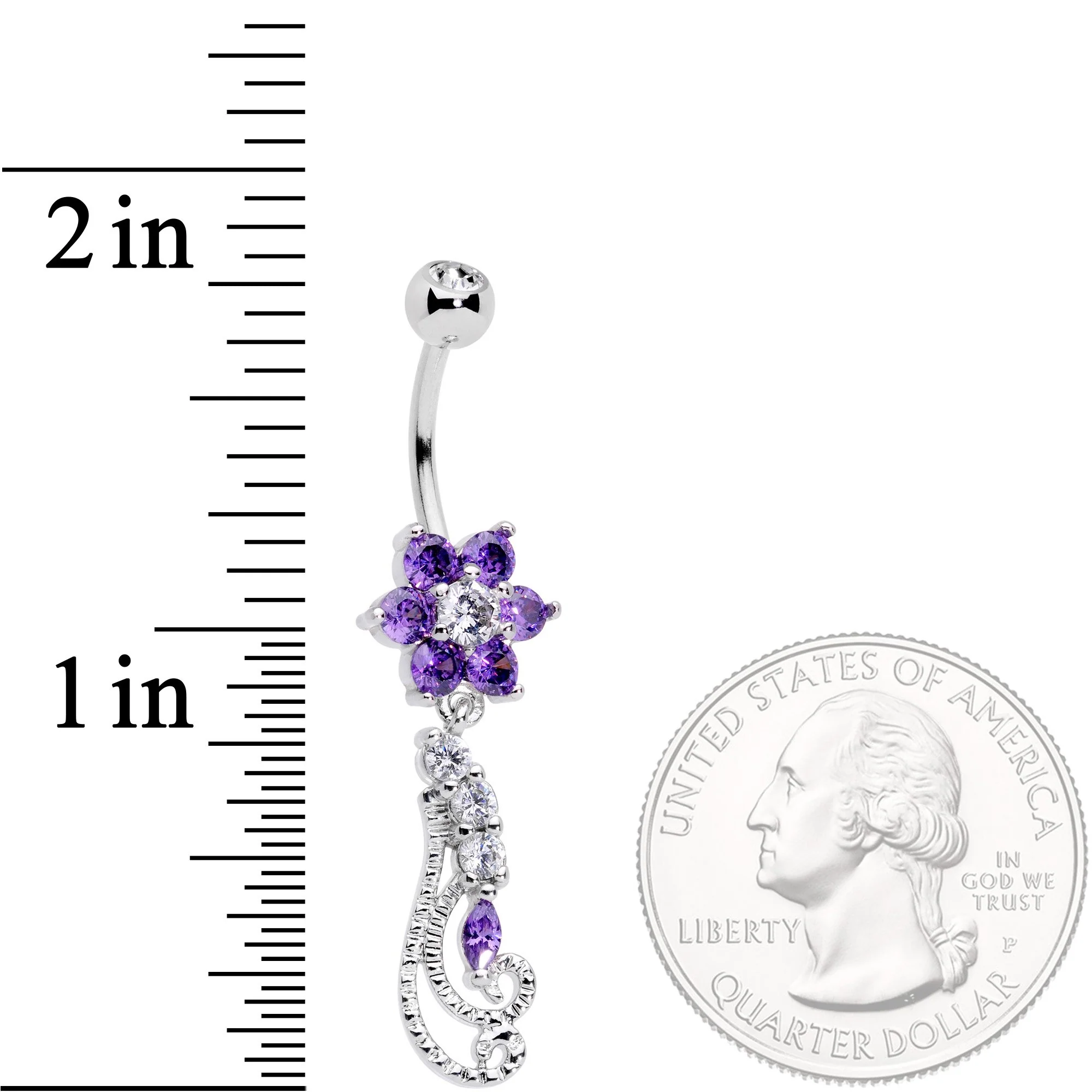 Clear Purple CZ Gem Floral Flourish Dangle Belly Ring - Image 2