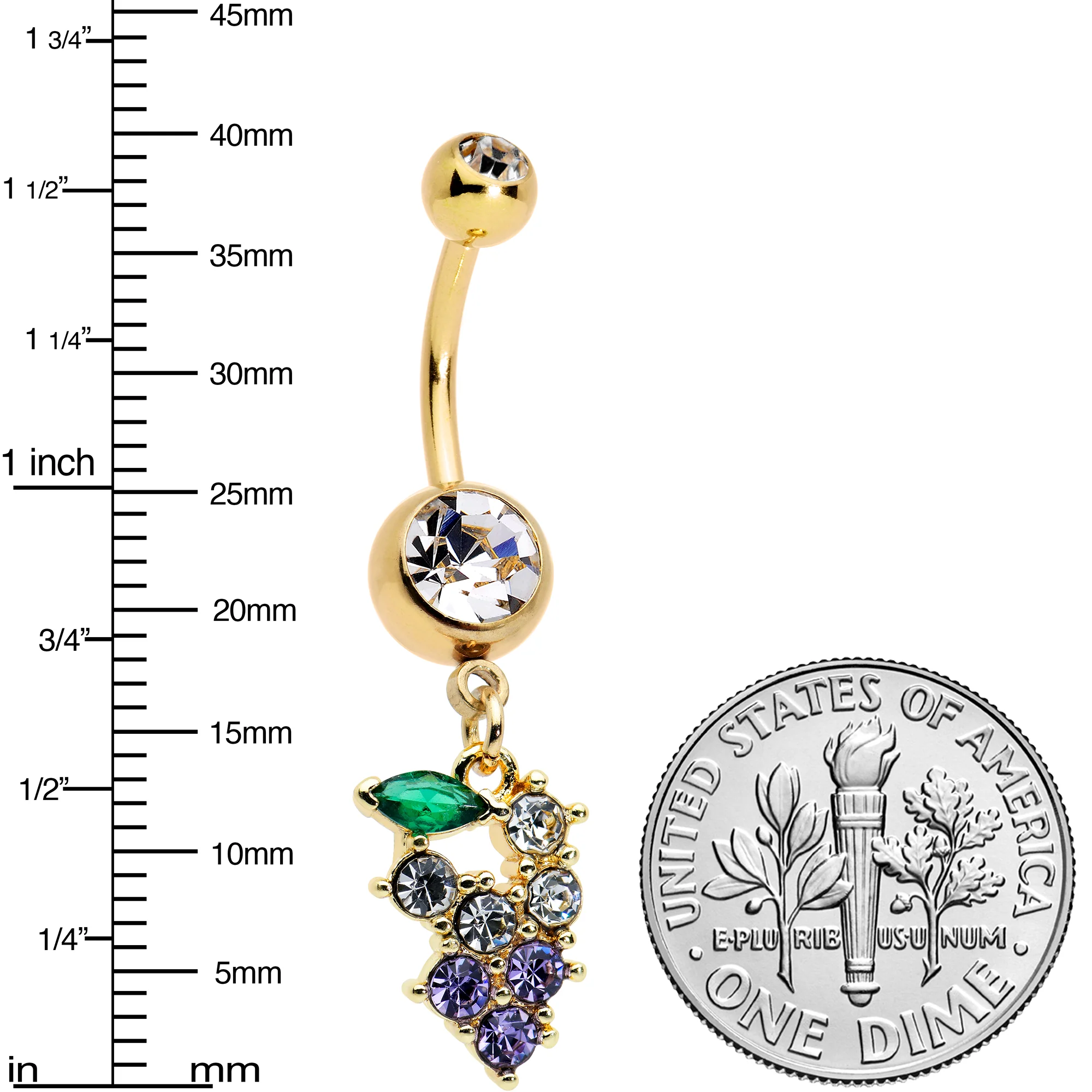 Clear Purple CZ Gem Gold Tone Bunch Grapes Dangle Belly Ring - Image 2