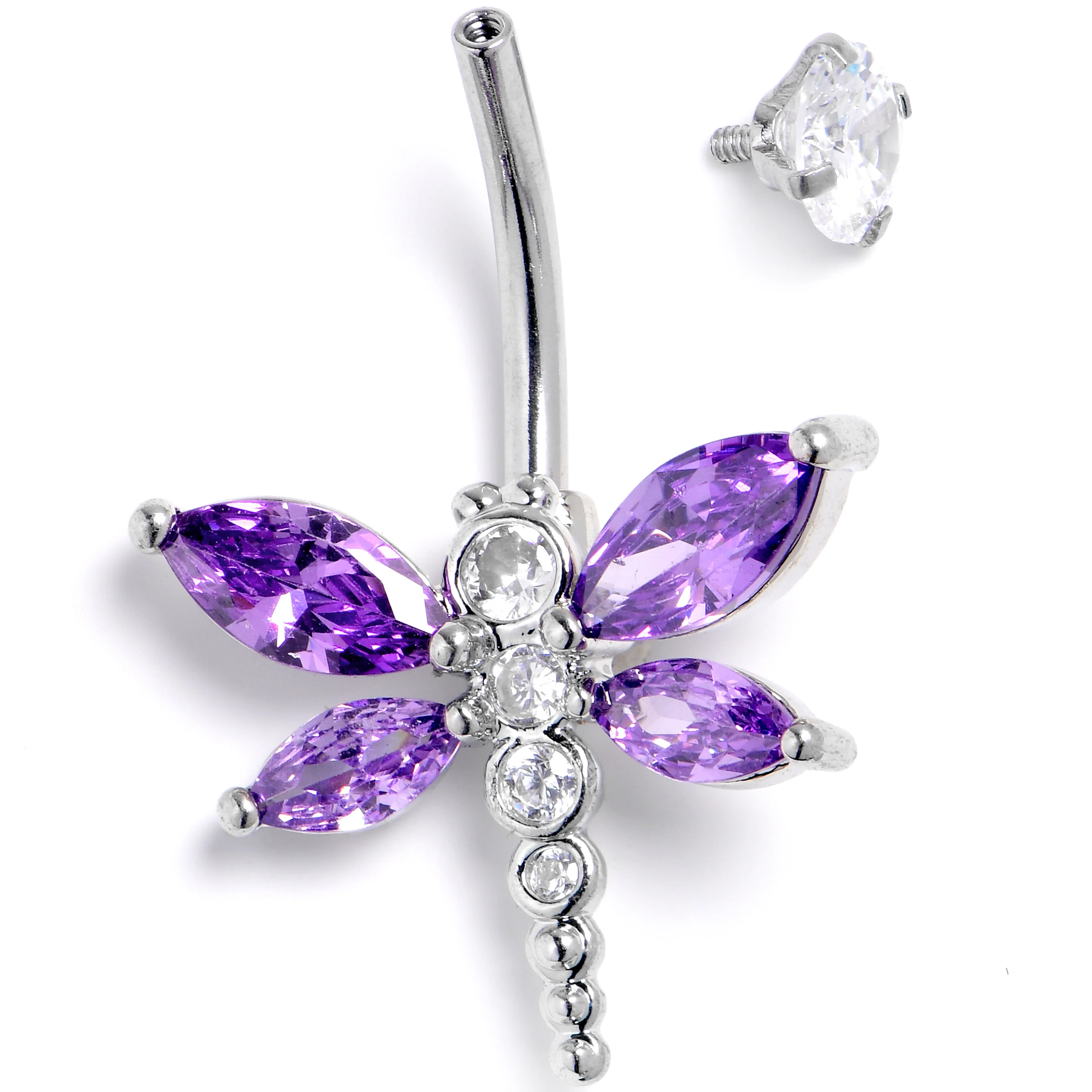 Clear Purple CZ Gem Internally Threaded Dragonfly Style Belly Ring - Image 2