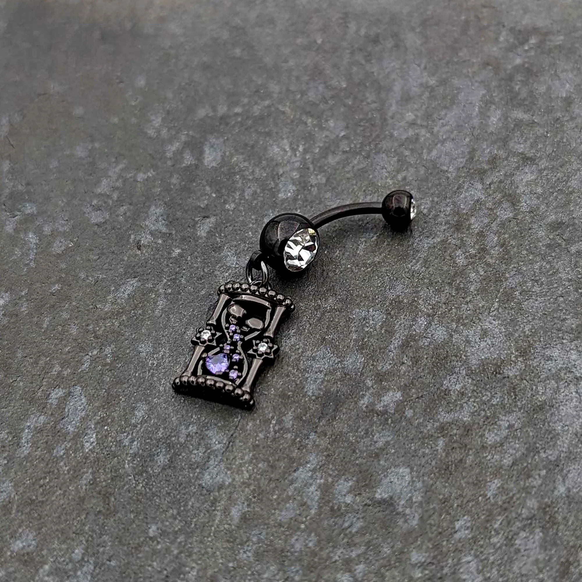 Clear Purple Gem Black Goth Heart Skulls Hourglass Dangle Belly Ring - Image 4