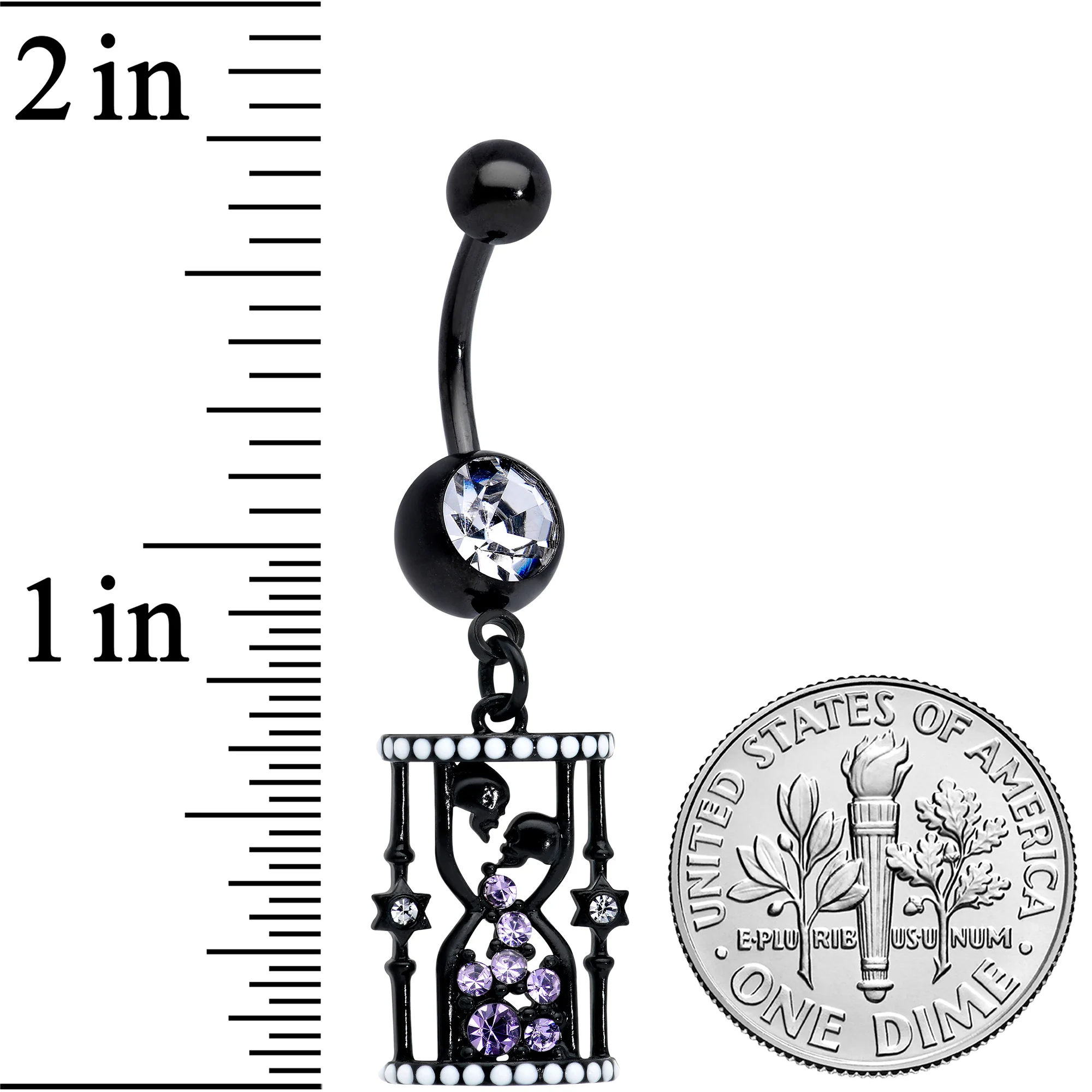 Clear Purple Gem Black Gothic Skull Hourglass Dangle Belly Ring - Image 3