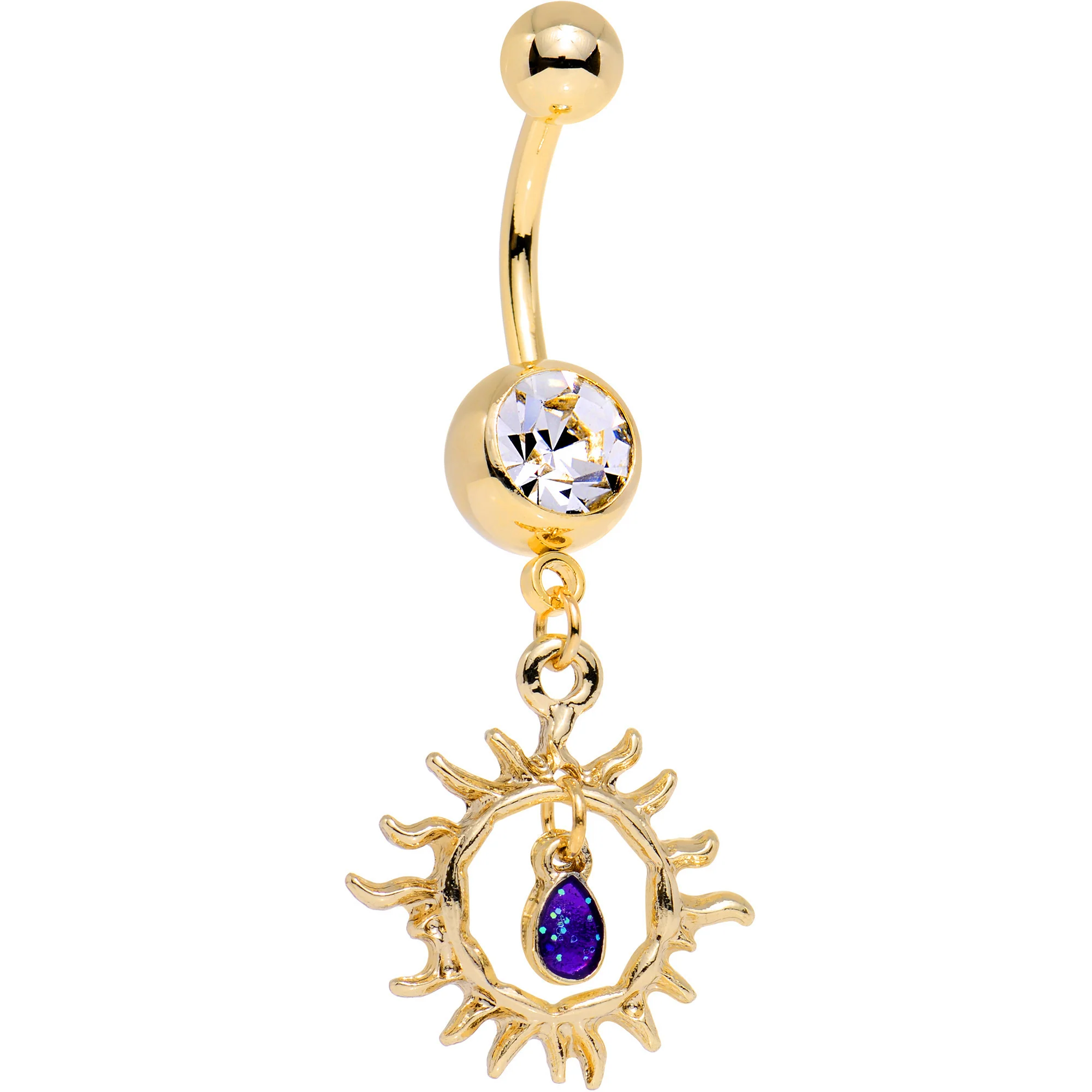 Clear Purple Gem Gold Anodized Tribal Sun Dangle Belly Ring