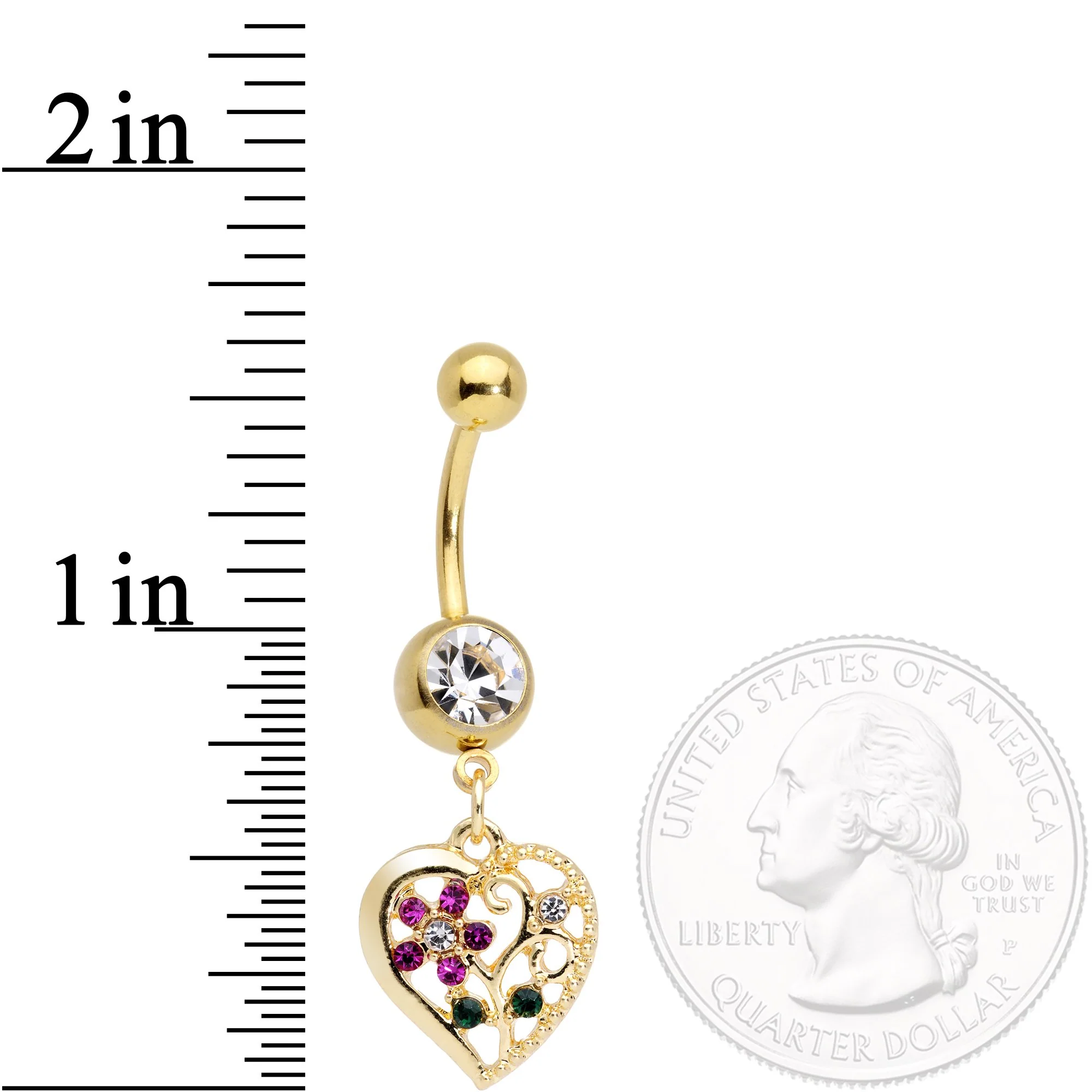 Clear Purple Gem Gold Tone Heart Spring Flower Dangle Belly Ring - Image 2