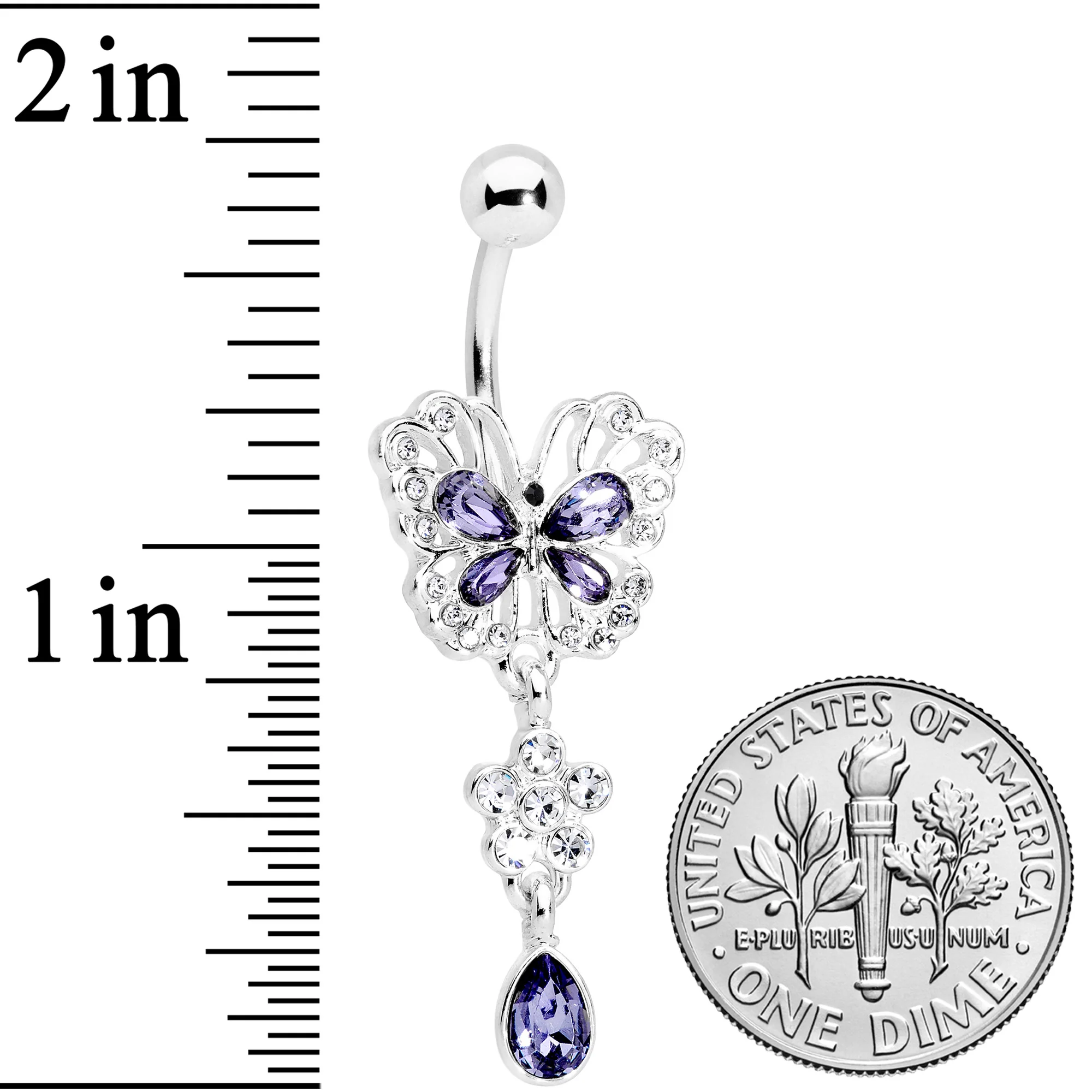 Clear Purple Gem Lacy Butterfly Flower Drop Dangle Belly Ring - Image 3