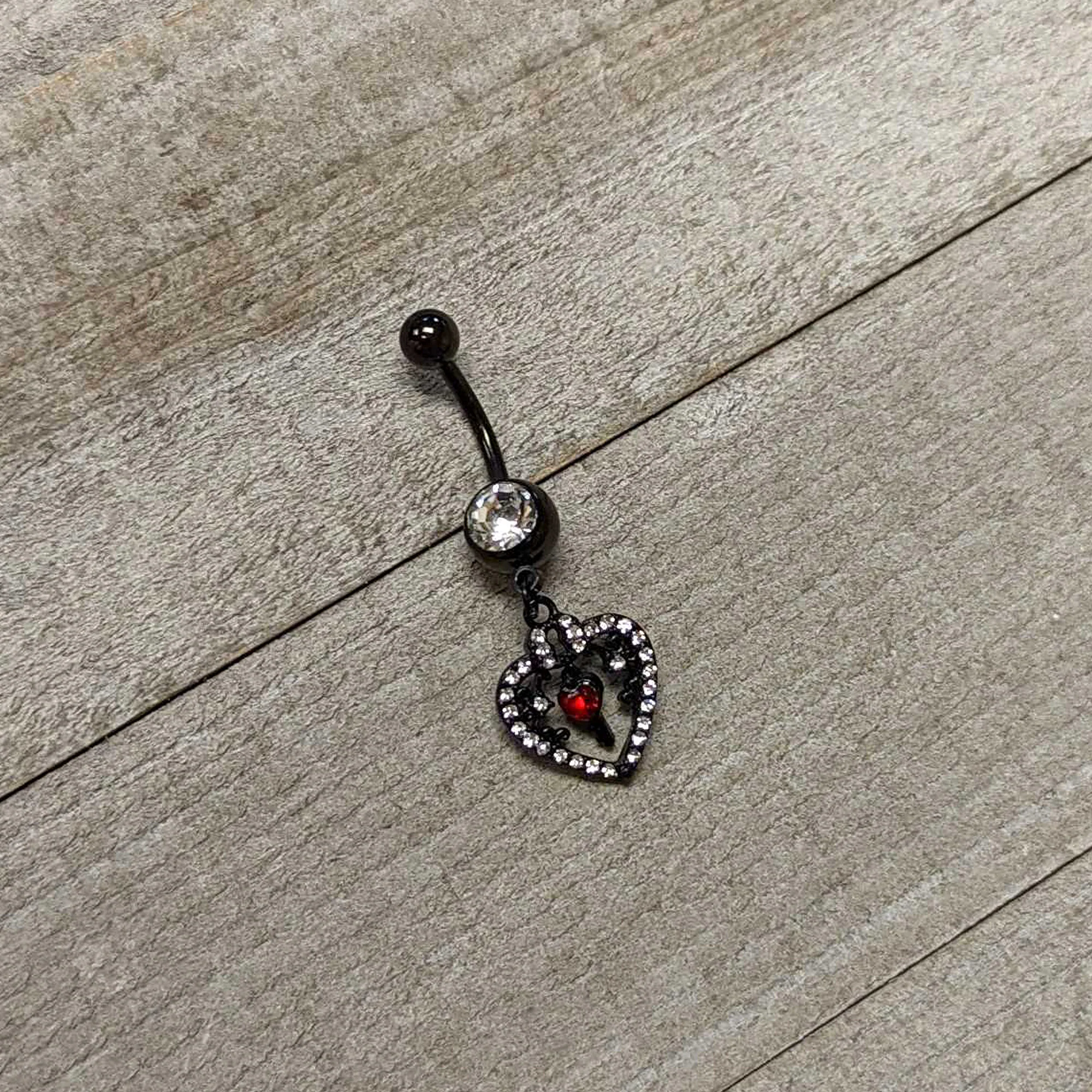Clear Red Gem Black Heart Key Valentines Dangle Belly Ring - Image 4