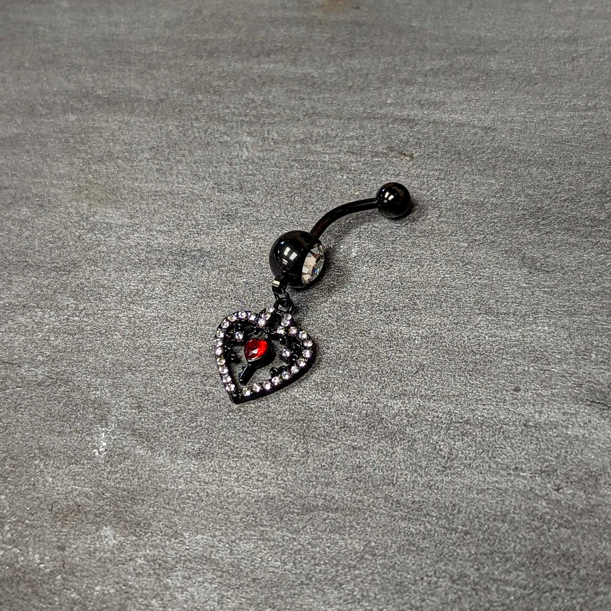 Clear Red Gem Black Heart Key Valentines Dangle Belly Ring - Image 5