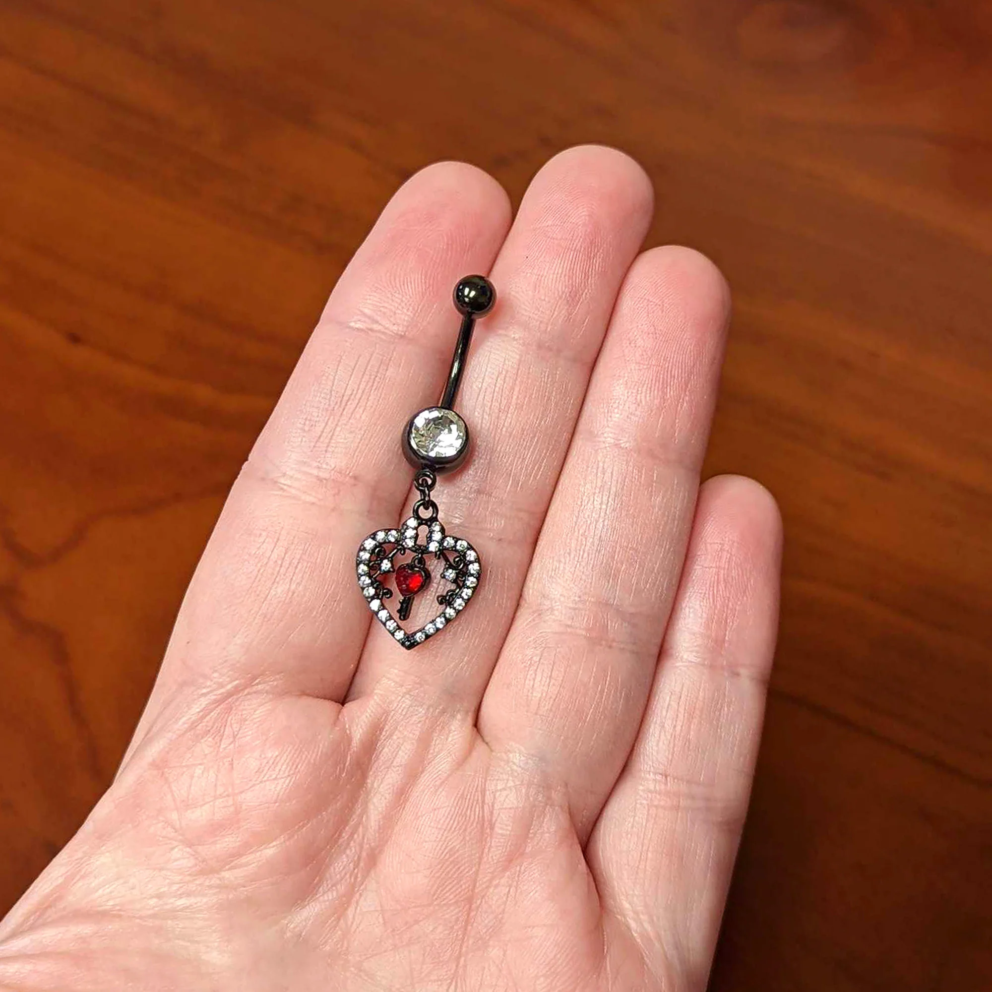 Clear Red Gem Black Heart Key Valentines Dangle Belly Ring - Image 6